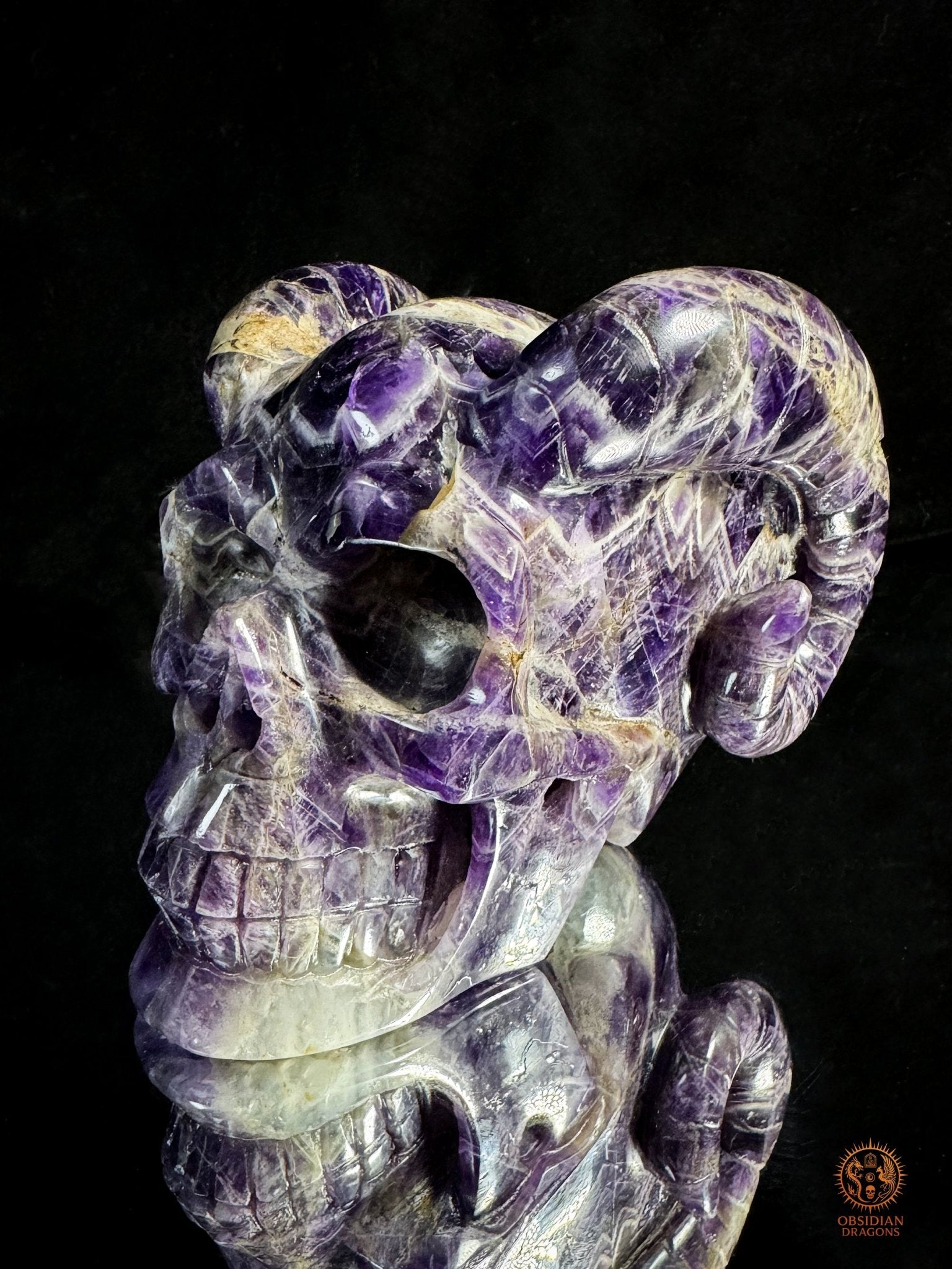 Crâne Cornu en Améthyste Chevron – Totem des Dieux Anciens | obsidian dragons