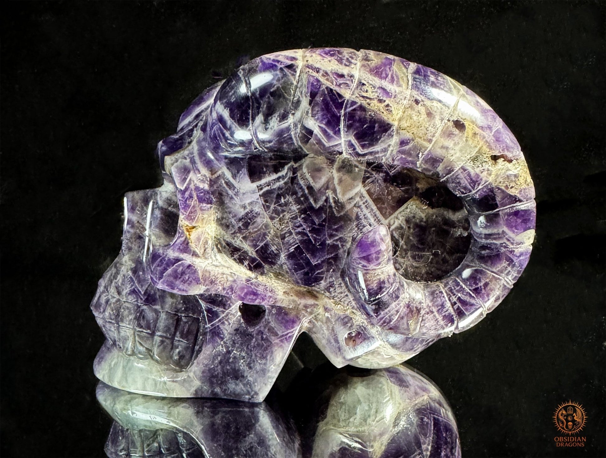 Crâne Cornu en Améthyste Chevron – Totem des Dieux Anciens | obsidian dragons