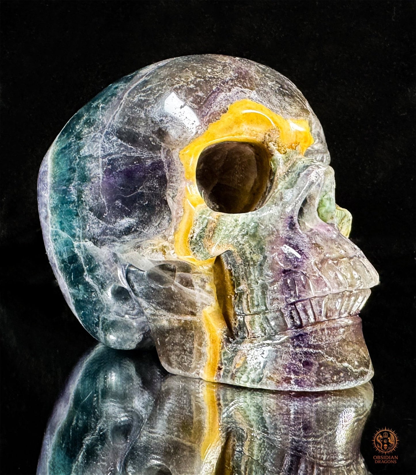 Crâne de Cristal en Fluorite Multicolore – Axe de Lumière | obsidian dragons