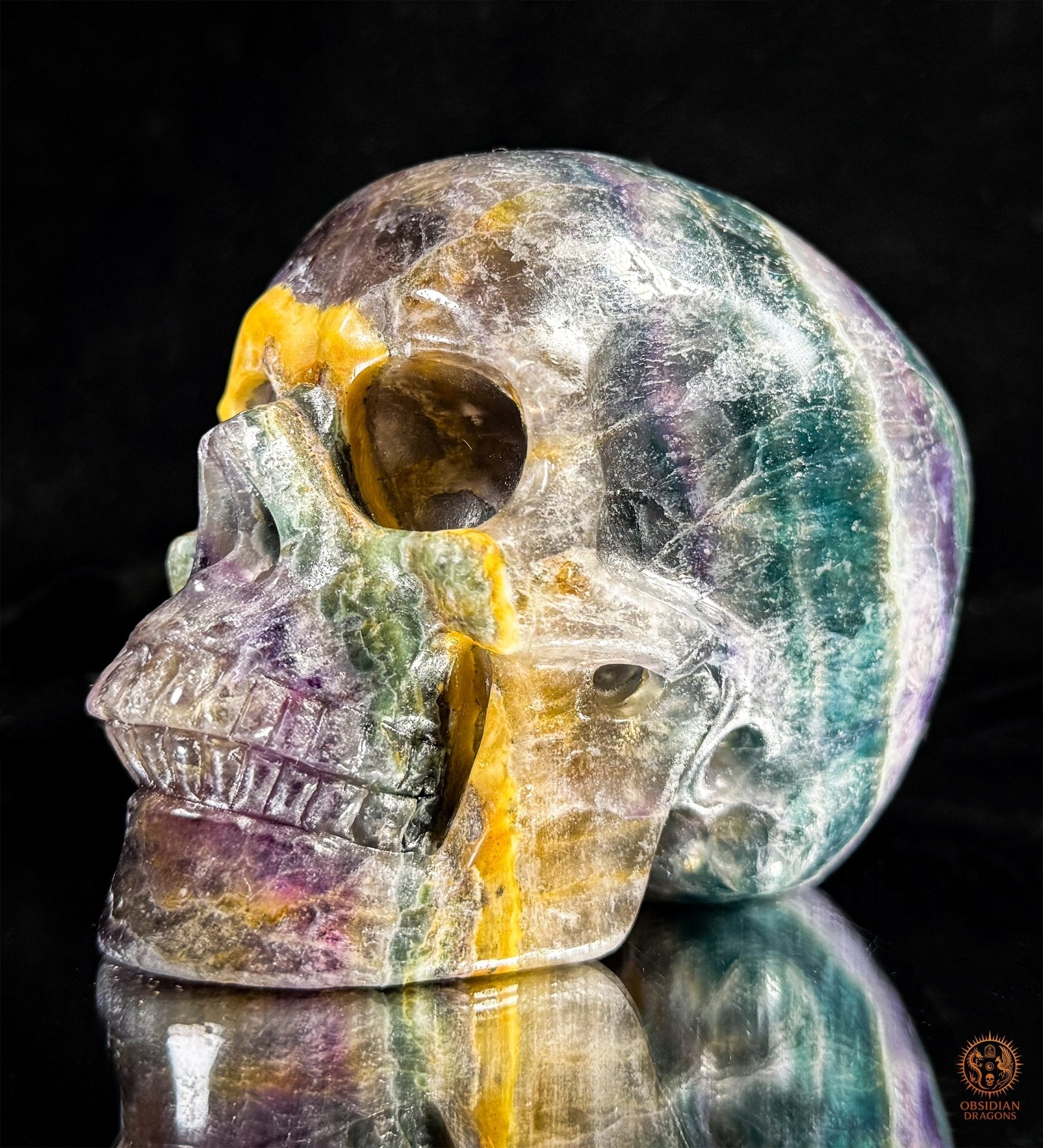 Crâne de Cristal en Fluorite Multicolore – Axe de Lumière | obsidian dragons