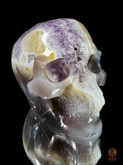 Crâne en géode d’améthyste naturelle XXL – Pièce maîtresse | obsidian dragons