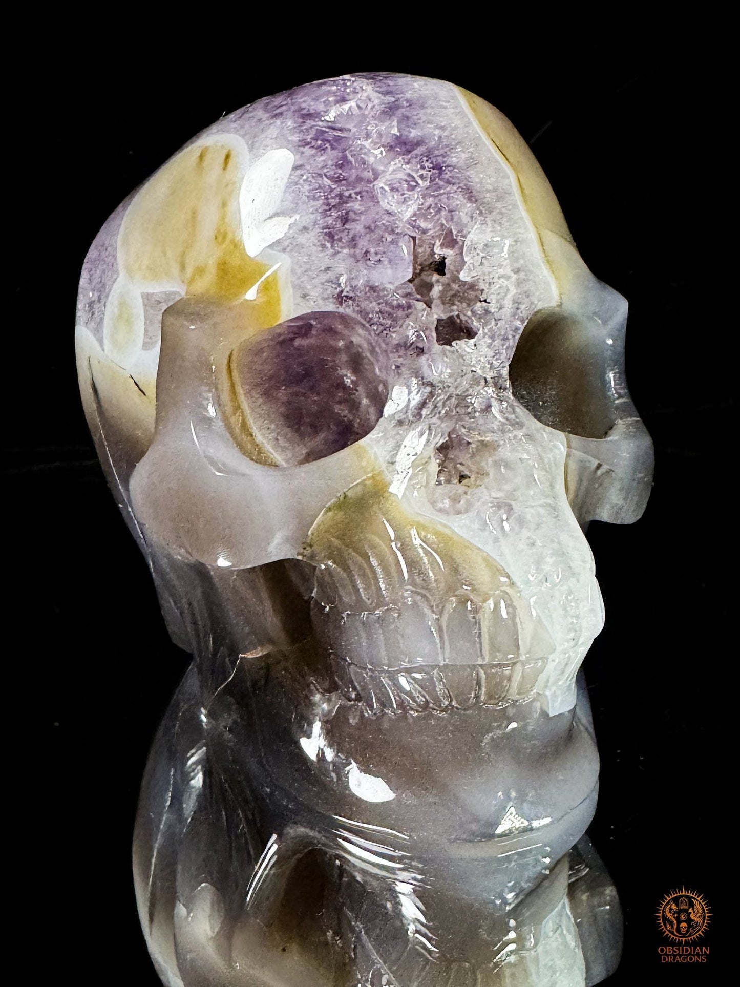 Crâne en géode d’améthyste naturelle XXL – Pièce maîtresse | obsidian dragons