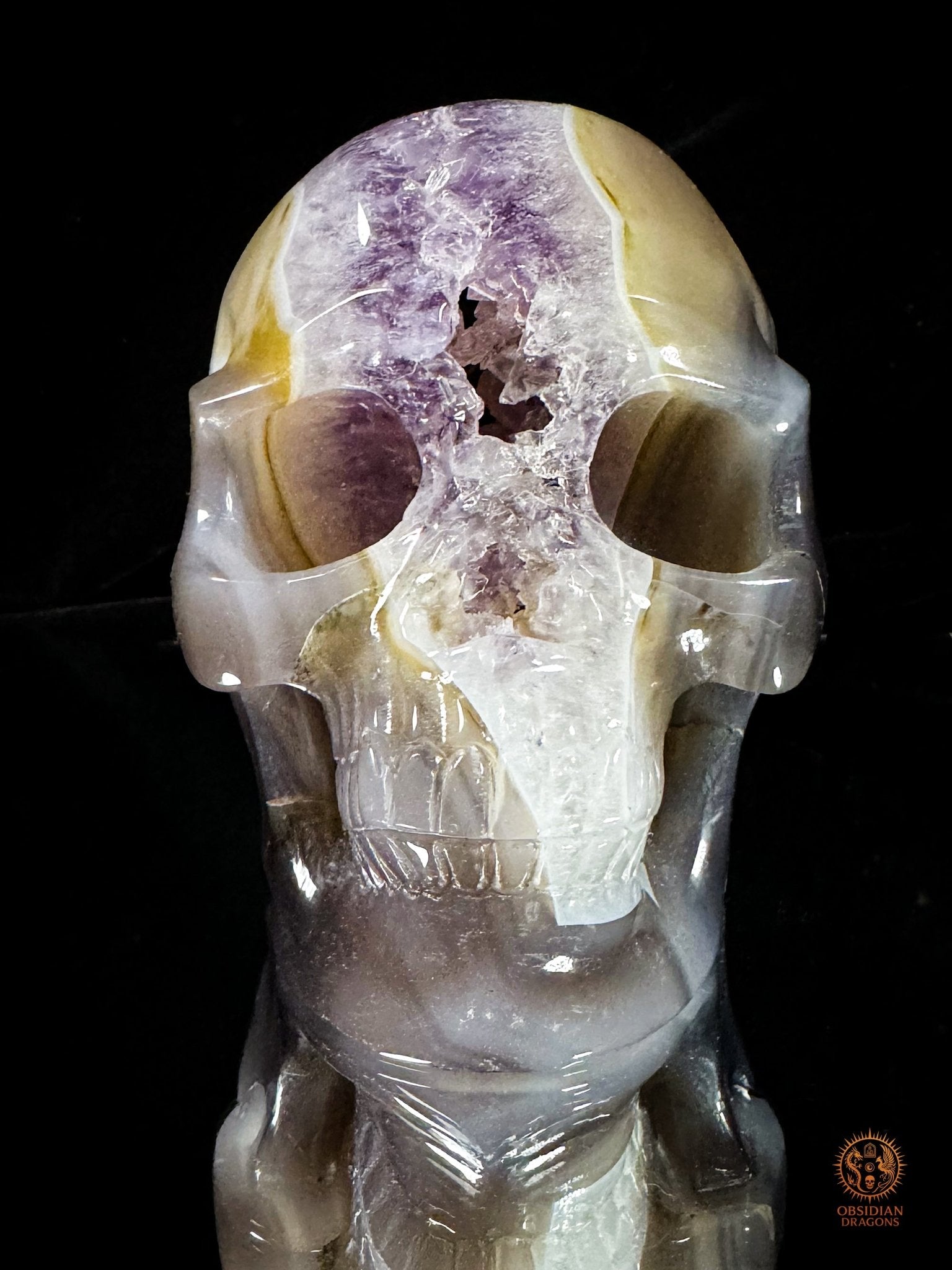 Crâne en géode d’améthyste naturelle XXL – Pièce maîtresse | obsidian dragons