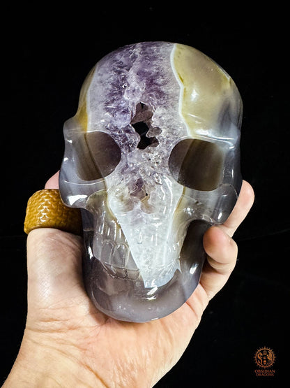 Crâne en géode d’améthyste naturelle XXL – Pièce maîtresse | obsidian dragons