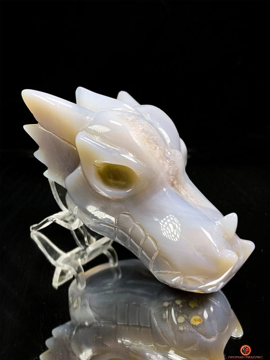 Crâne de Dragon en Géode de Quartz dans Agate – Ancrage et Lumière | obsidian dragons