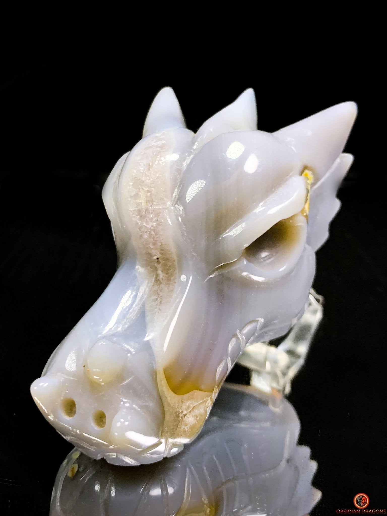 Crâne de Dragon en Géode de Quartz dans Agate – Ancrage et Lumière | obsidian dragons