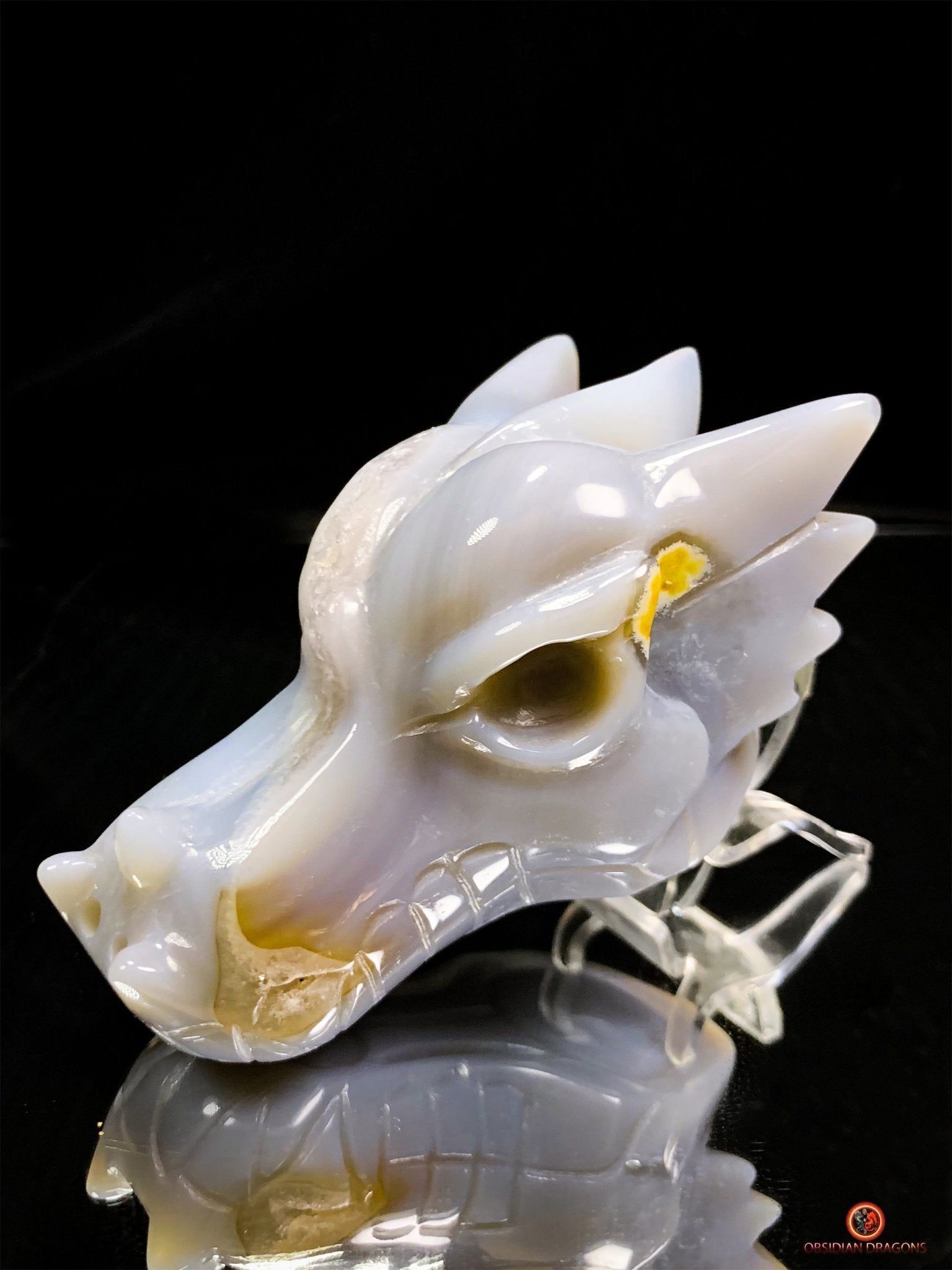 Crâne de Dragon en Géode de Quartz dans Agate – Ancrage et Lumière | obsidian dragons
