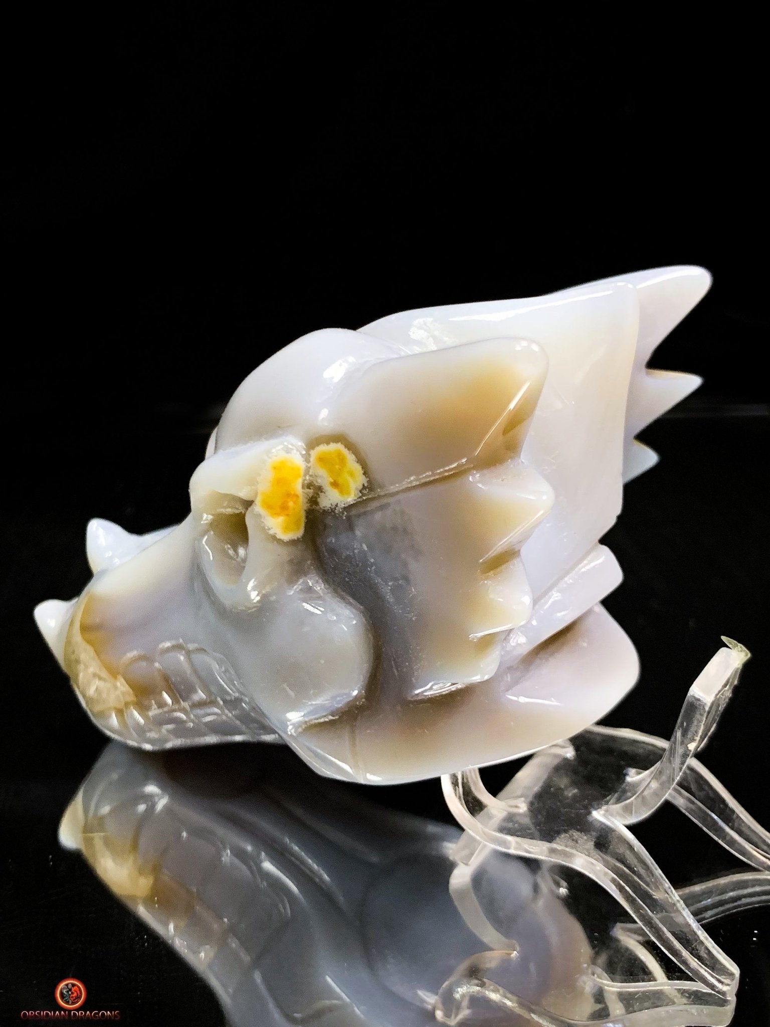 Crâne de Dragon en Géode de Quartz dans Agate – Ancrage et Lumière | obsidian dragons