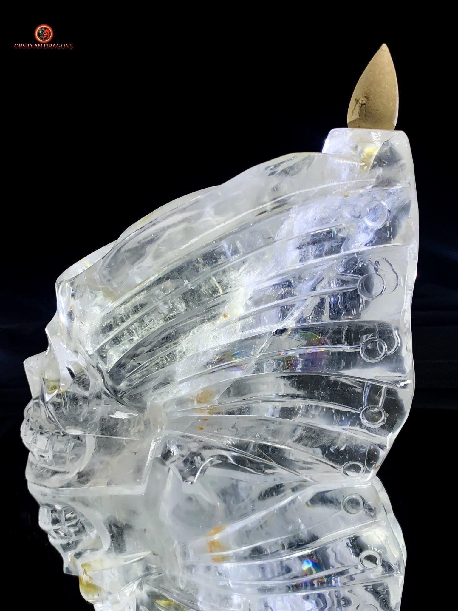 Crâne de Cristal Ailé - Encensoir en Cristal de Roche Pur | obsidian dragons