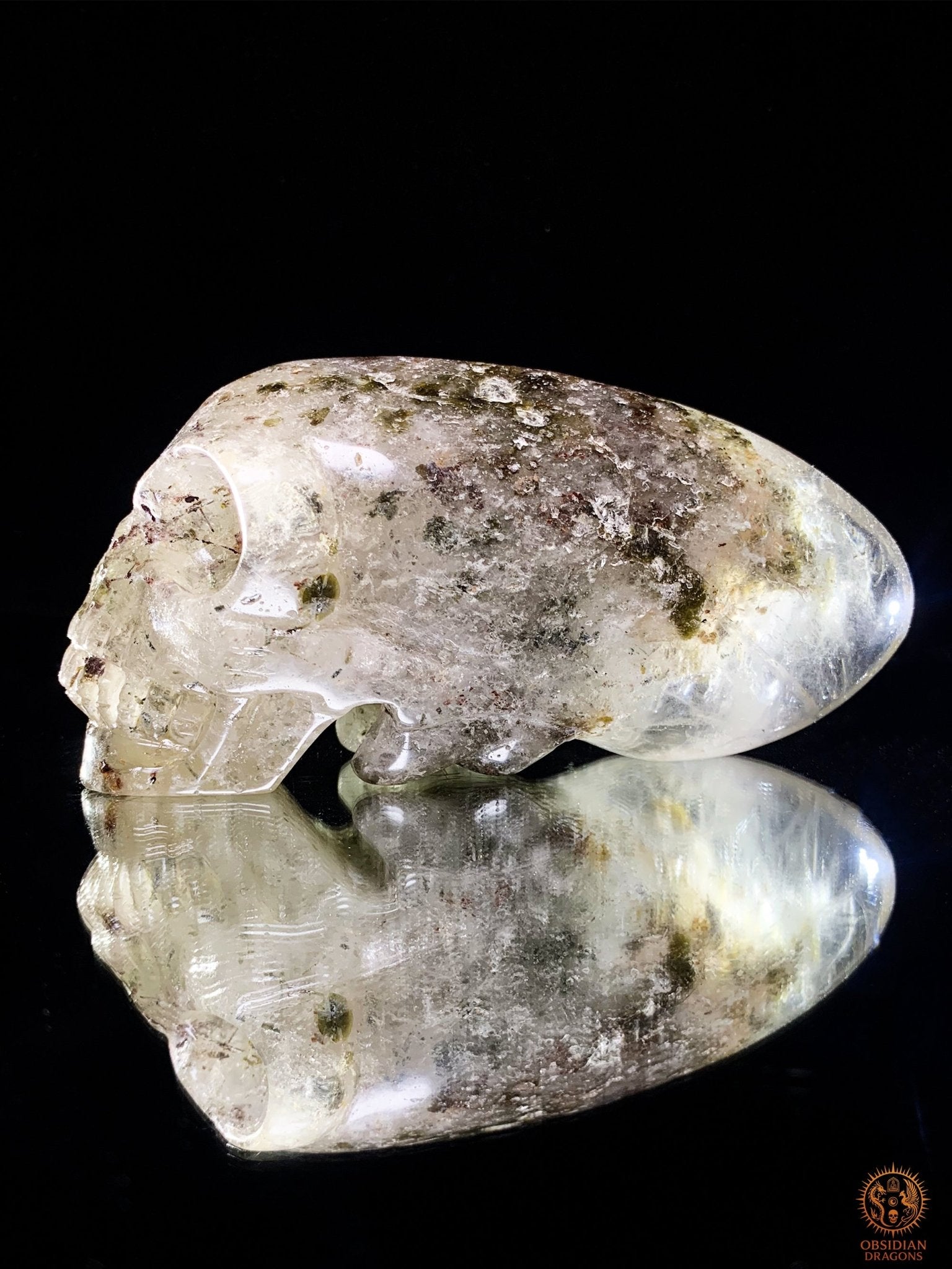 Crâne de Cristal Alien en Quartz Lodolite – Piliers Cosmiques | obsidian dragons