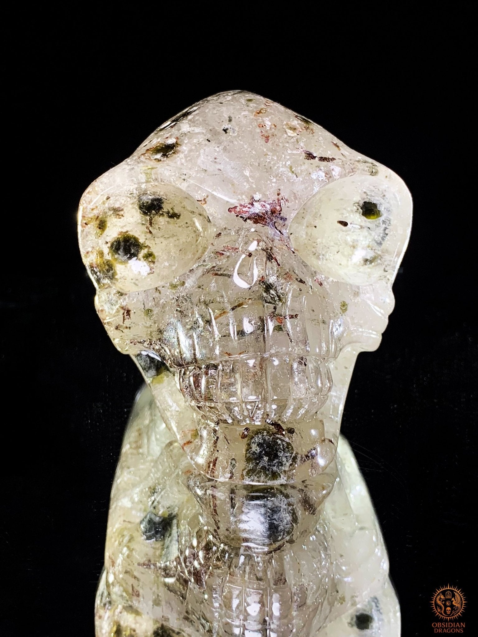 Crâne de Cristal Alien en Quartz Lodolite – Piliers Cosmiques | obsidian dragons