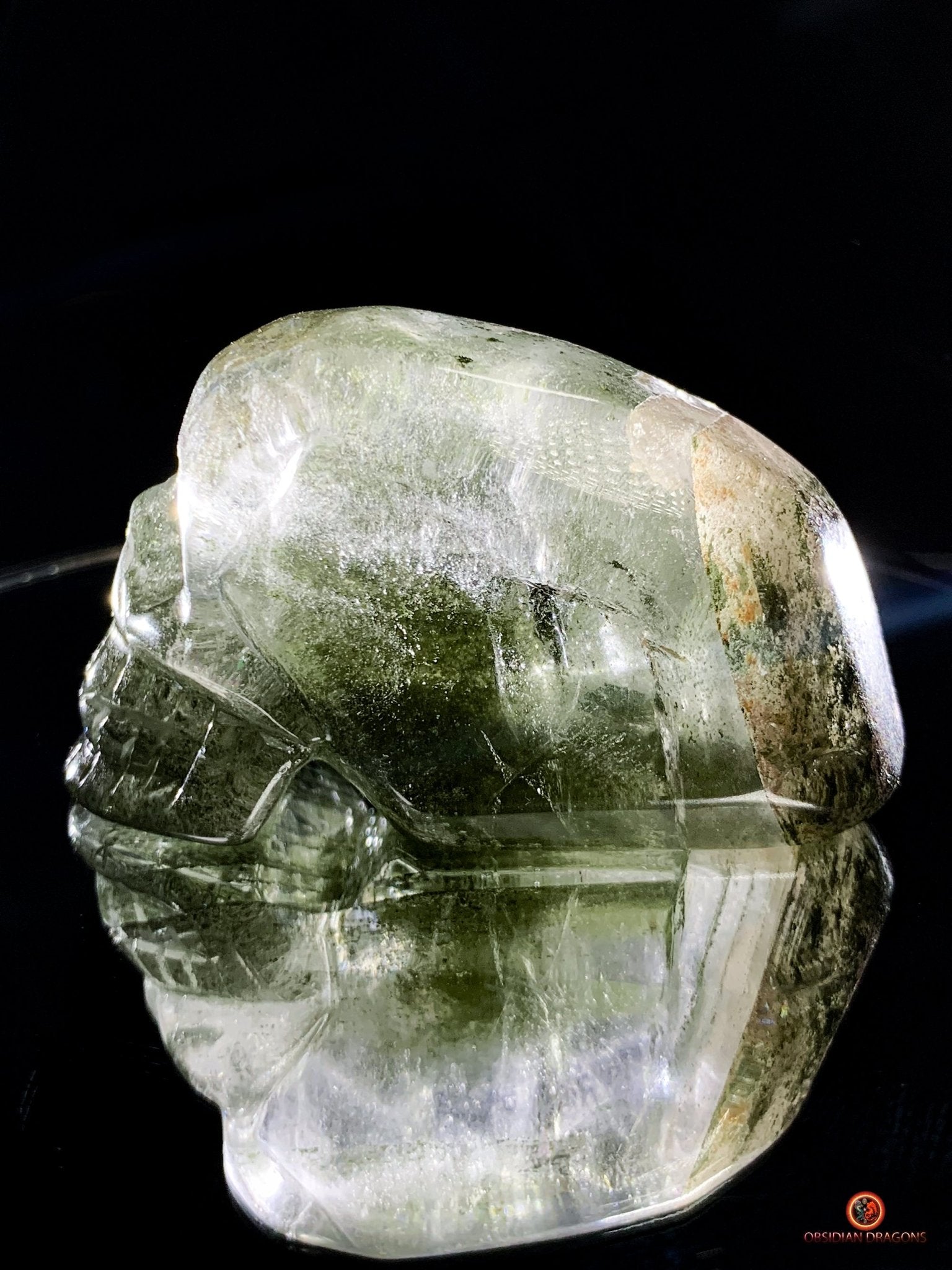 Crâne de cristal allongé - Quartz chlorite - Protection | obsidian dragons