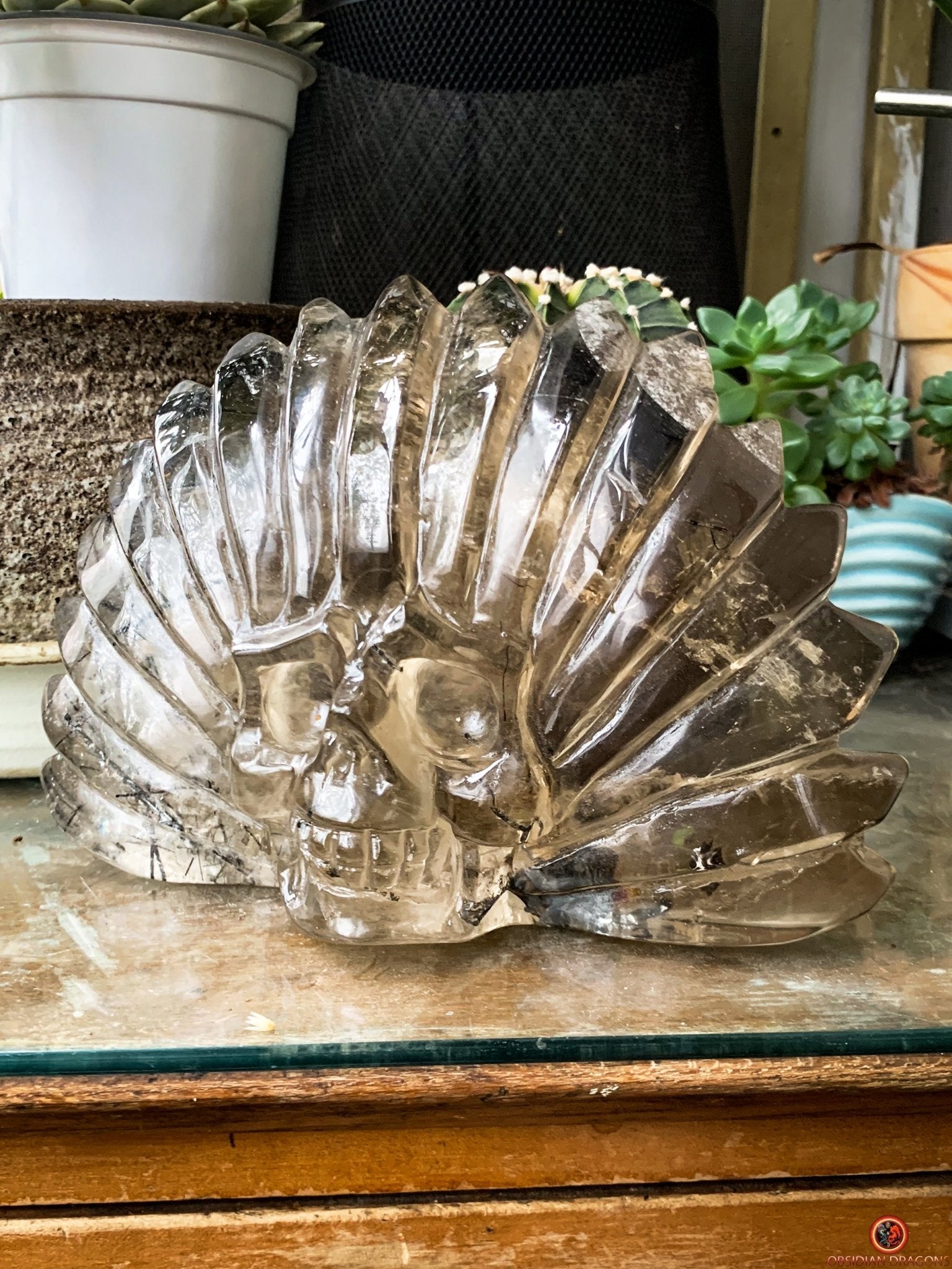Crâne de Cristal Chamane - Quartz Fumé à Tourmaline Noire | obsidian dragons