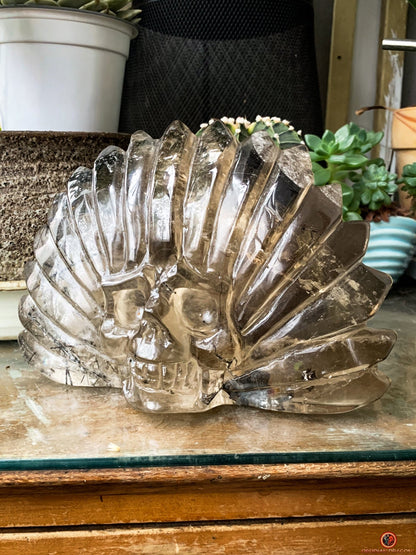 Crâne de Cristal Chamane - Quartz Fumé à Tourmaline Noire | obsidian dragons