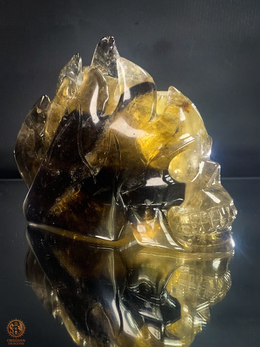 Crâne de Cristal allongé en Quartz Fumé - Crâne enflammé | obsidian dragons