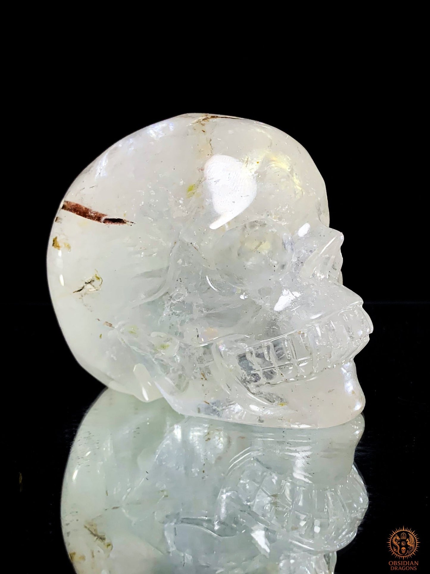 Crâne de Cristal en Cristal de Roche à inclusions de tourmaline | obsidian dragons