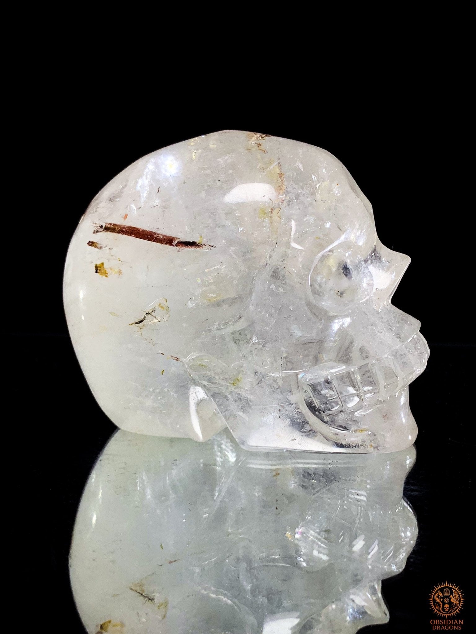 Crâne de Cristal en Cristal de Roche à inclusions de tourmaline | obsidian dragons