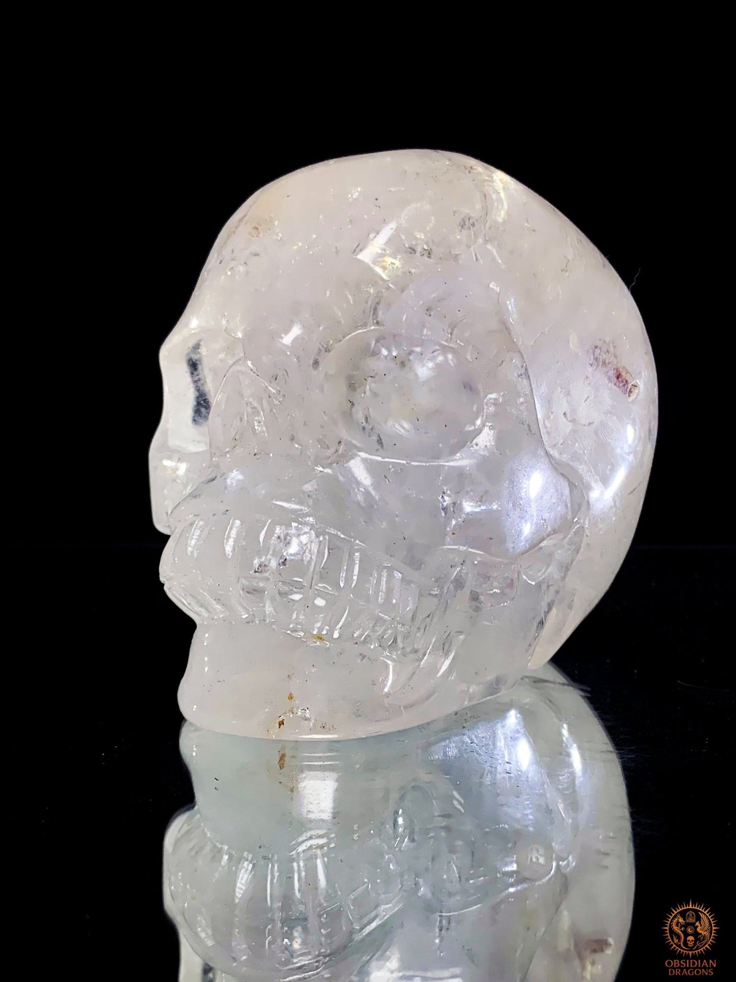 Crâne de Cristal en Cristal de Roche à inclusions de tourmaline | obsidian dragons