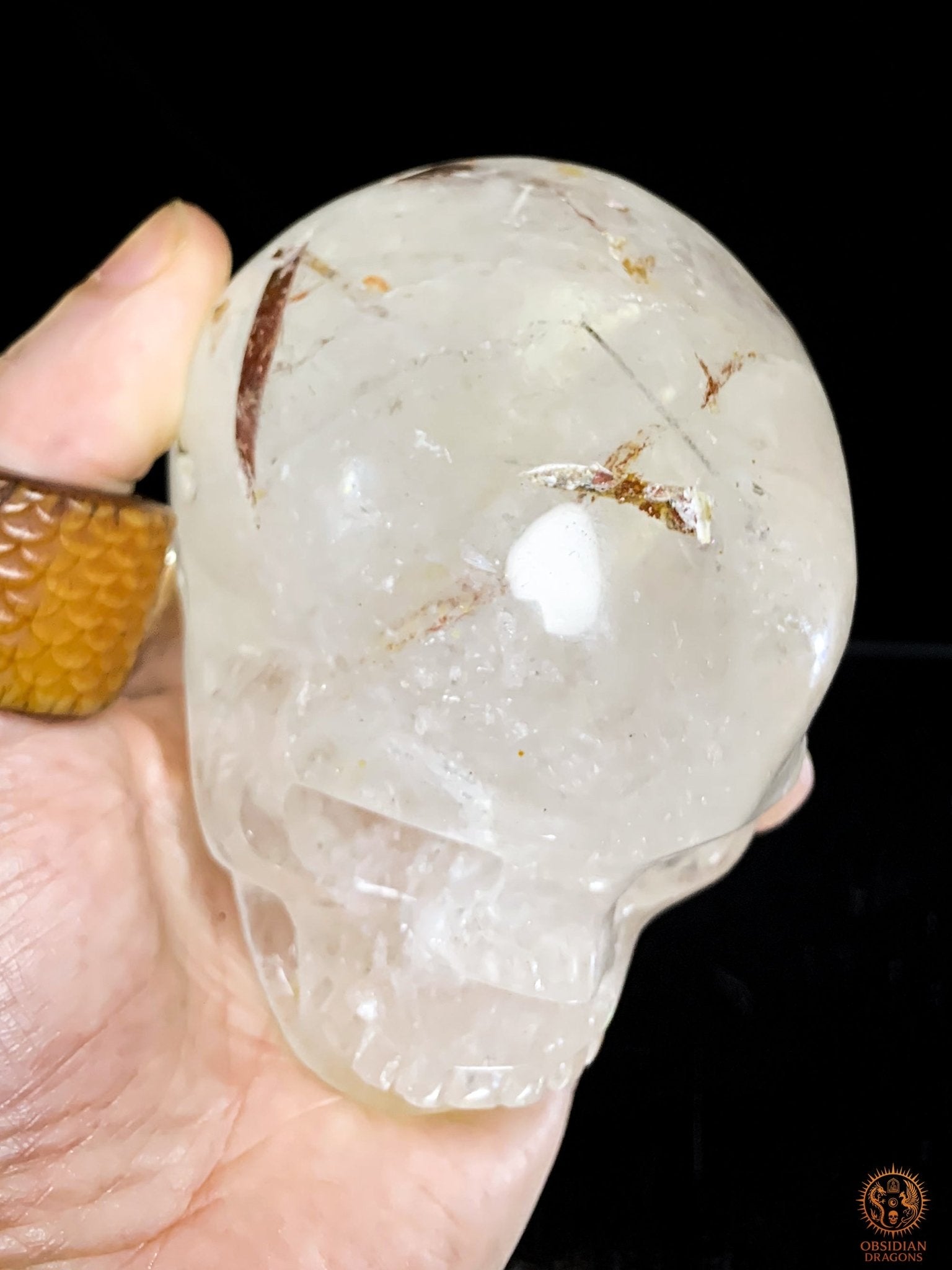 Crâne de Cristal en Cristal de Roche à inclusions de tourmaline | obsidian dragons