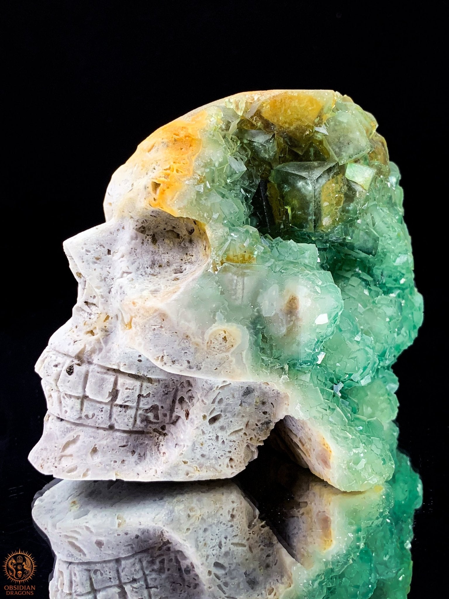 Crâne de Cristal en Fluorite Verte Brute – Clarté Énergétique | obsidian dragons