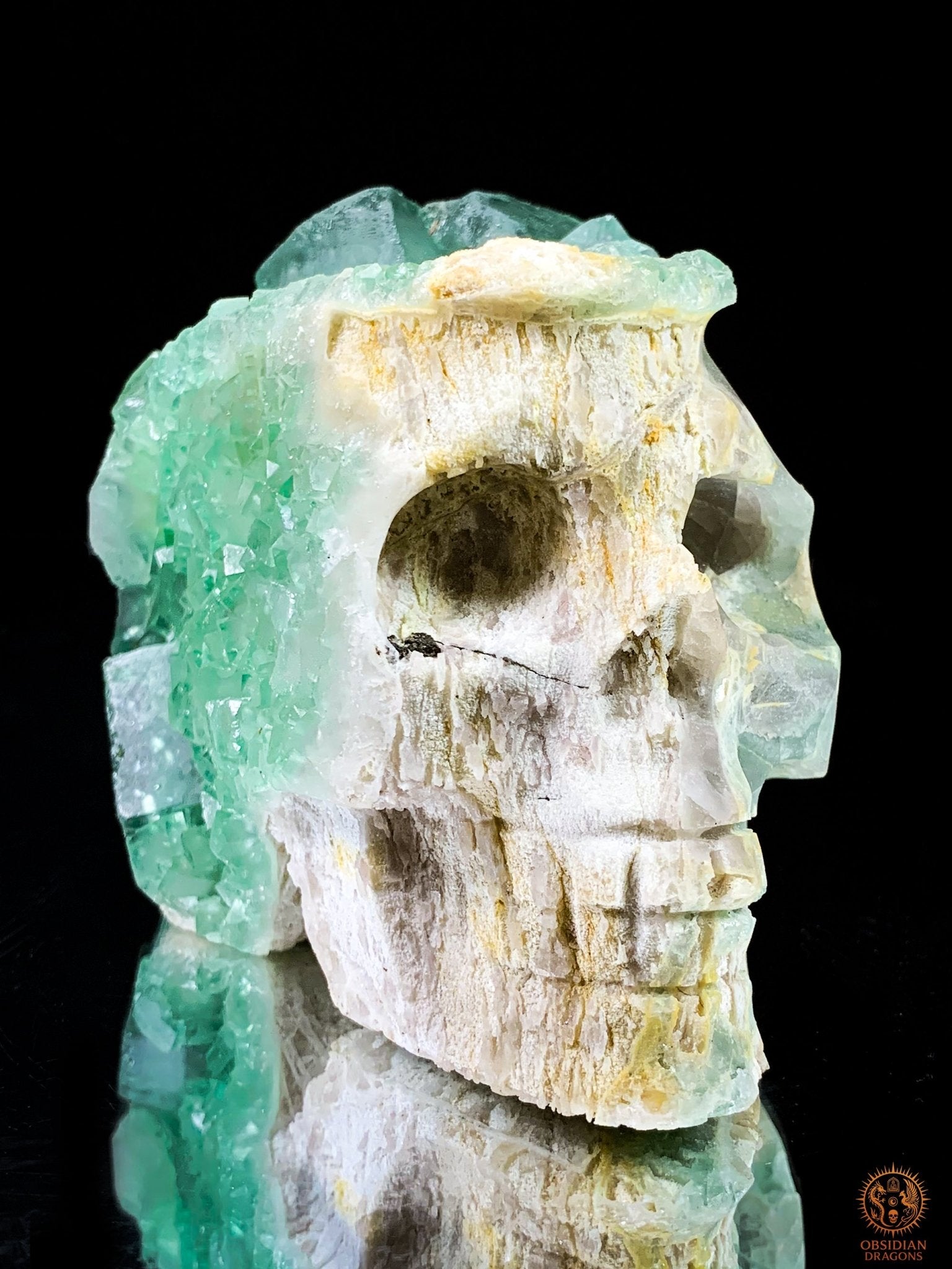 Crâne de Cristal en Fluorite Verte Brute – Clarté & Énergie | obsidian dragons