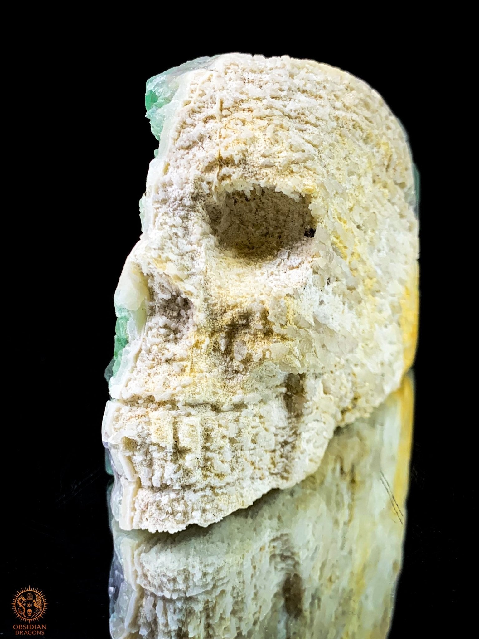 Crâne de Cristal en Fluorite Verte Brute – Crâne ailé | obsidian dragons