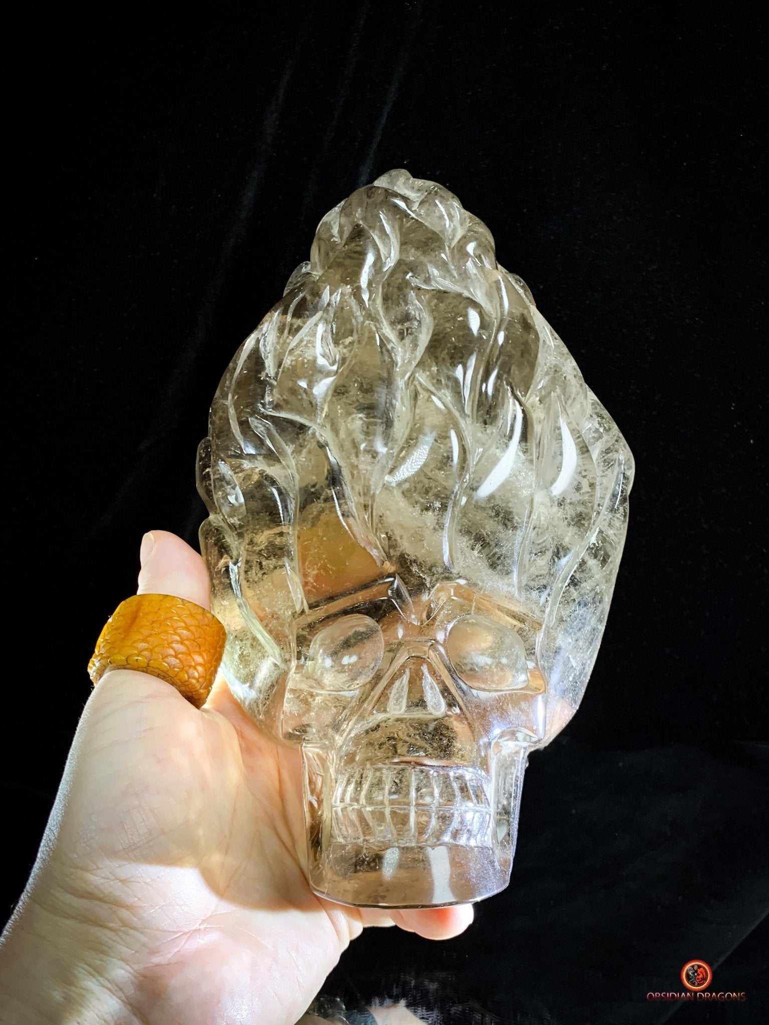Crâne de Cristal en Quartz Fumé – Crâne enflammé | obsidian dragons