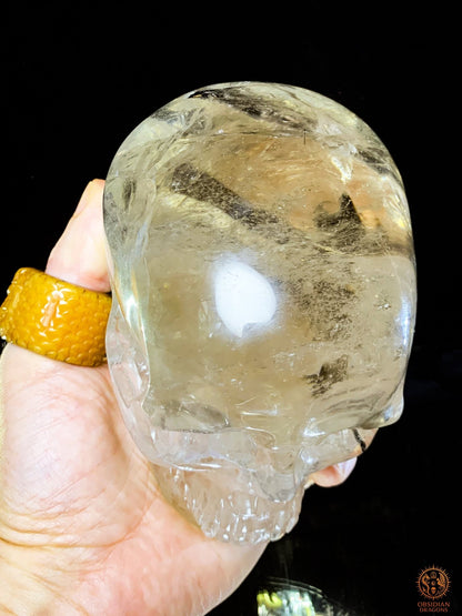 Crâne de Cristal en Quartz Fumé à Tourmaline Noire - Rare