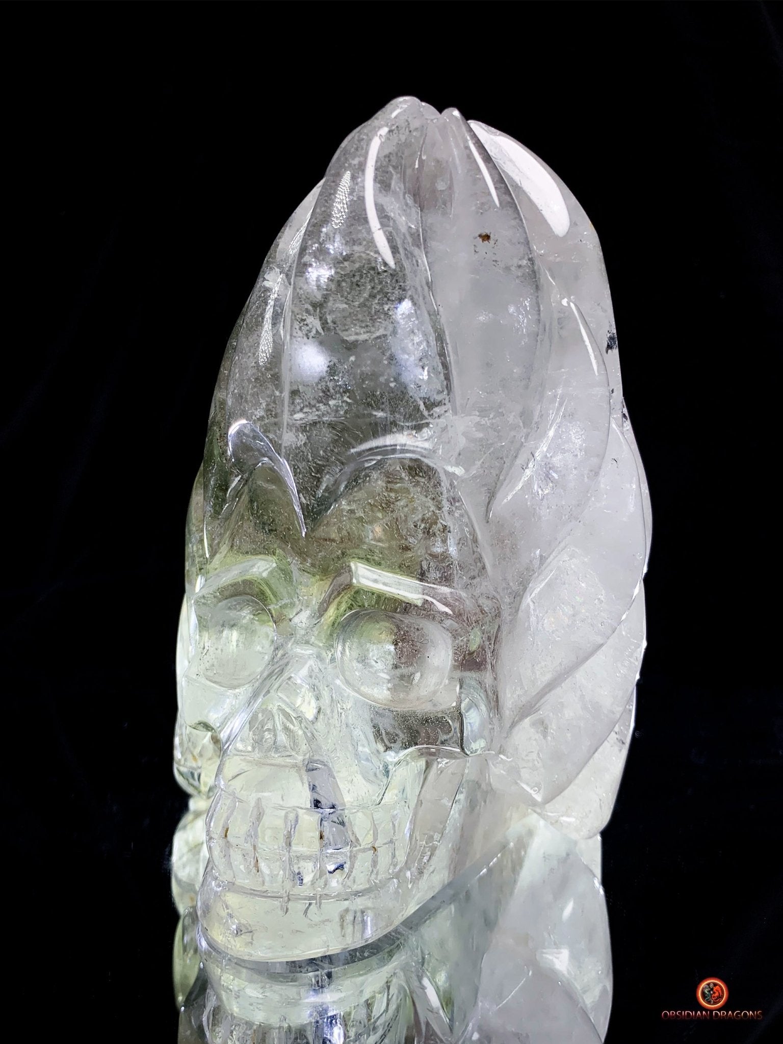 Crâne de Cristal en Quartz Jardin - Flammes Intérieures | obsidian dragons