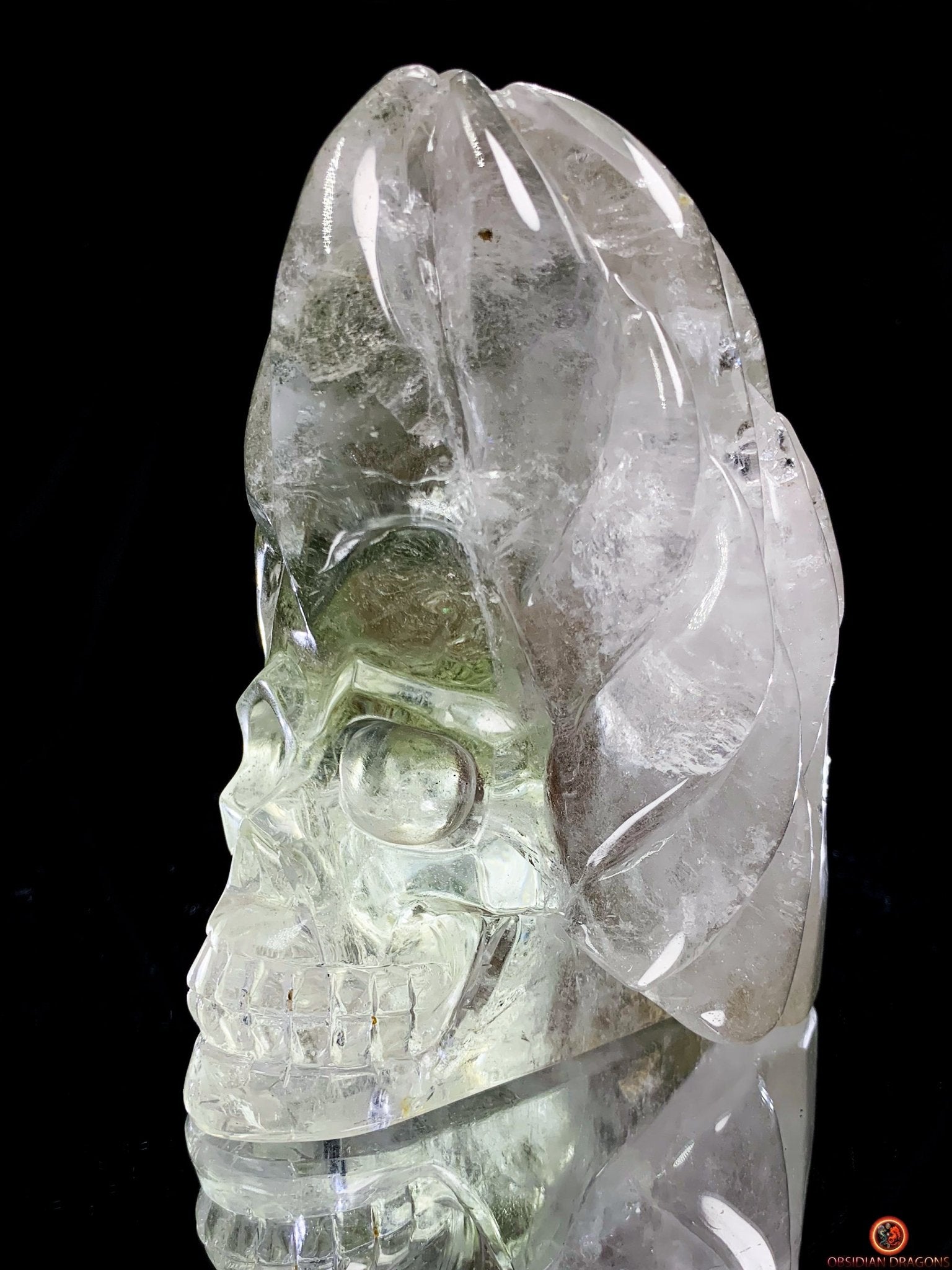 Crâne de Cristal en Quartz Jardin - Flammes Intérieures | obsidian dragons