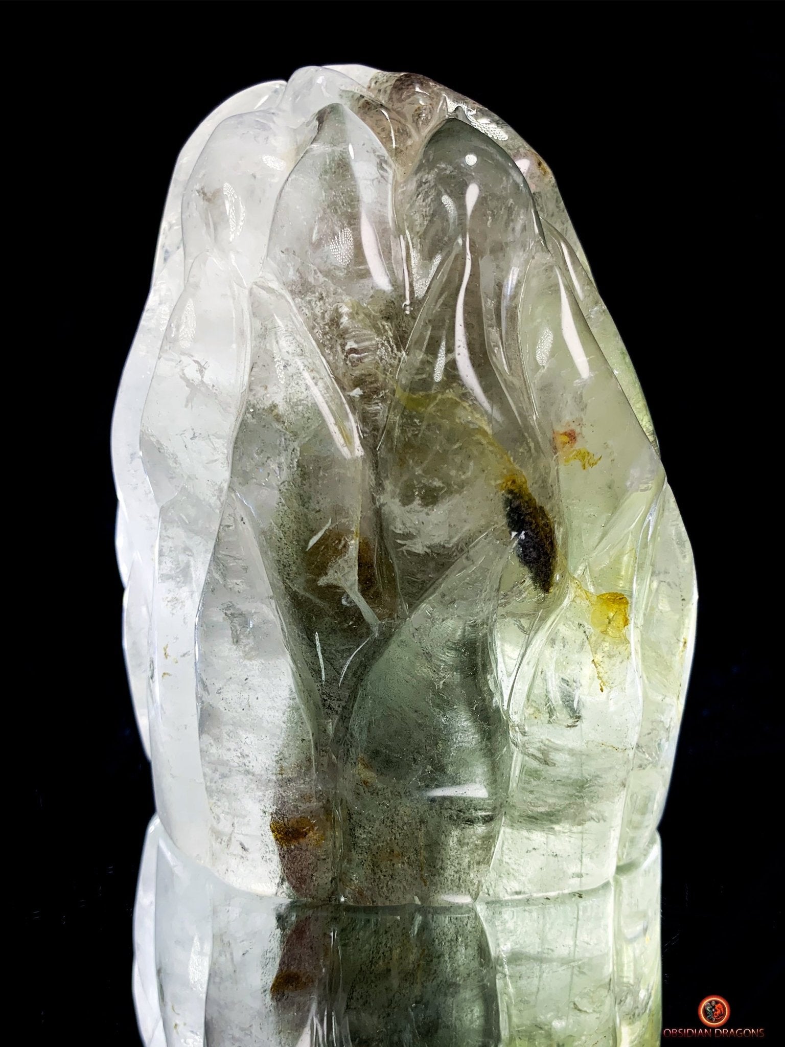 Crâne de Cristal en Quartz Jardin - Flammes Intérieures | obsidian dragons