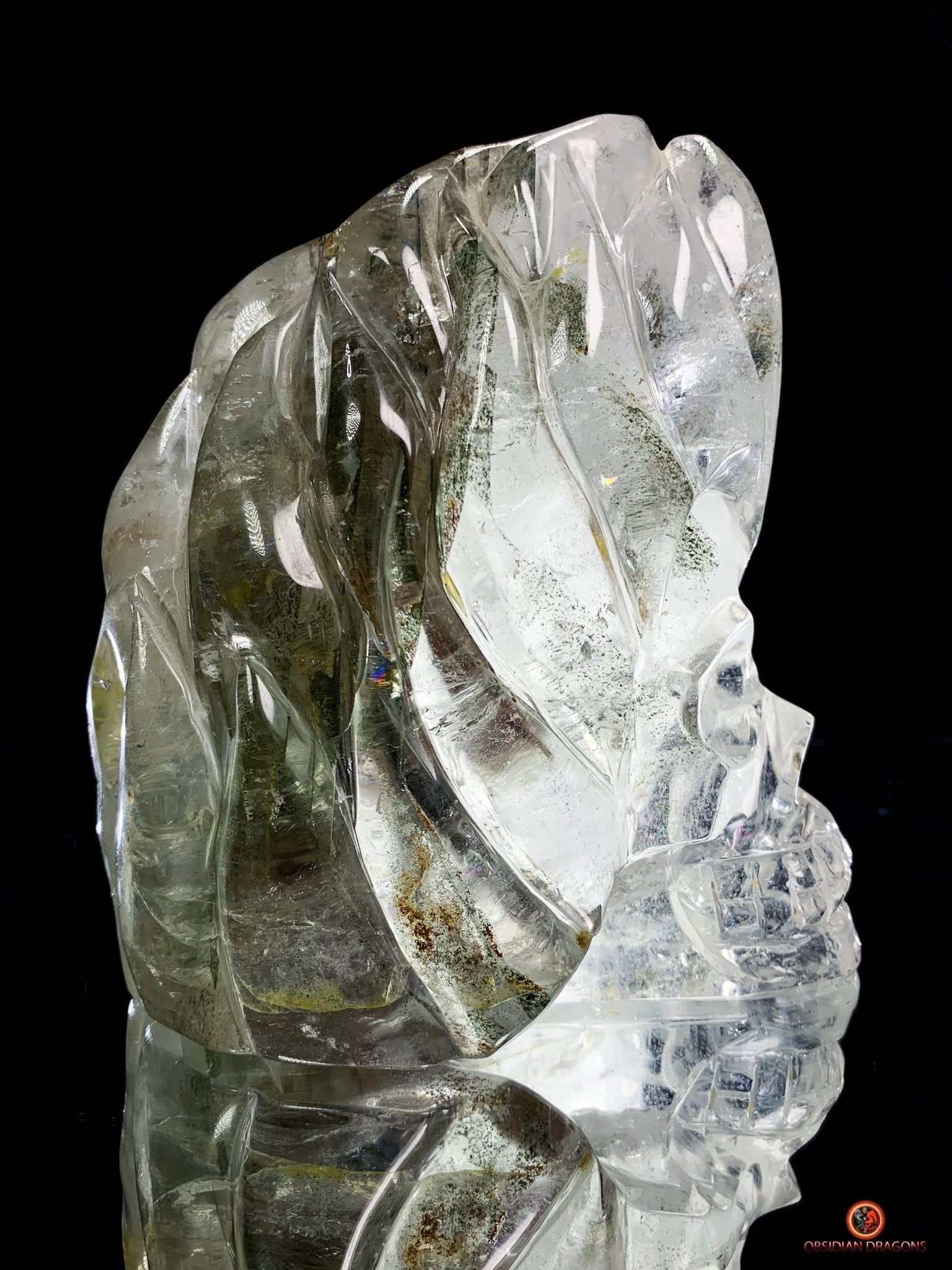 Crâne de Cristal en Quartz Jardin - Flammes Intérieures | obsidian dragons