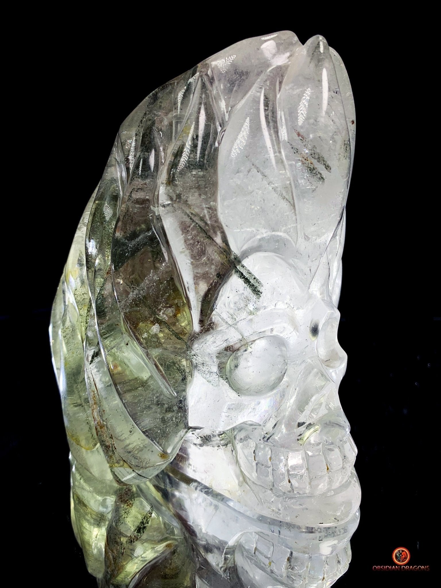 Crâne de Cristal en Quartz Jardin - Flammes Intérieures | obsidian dragons