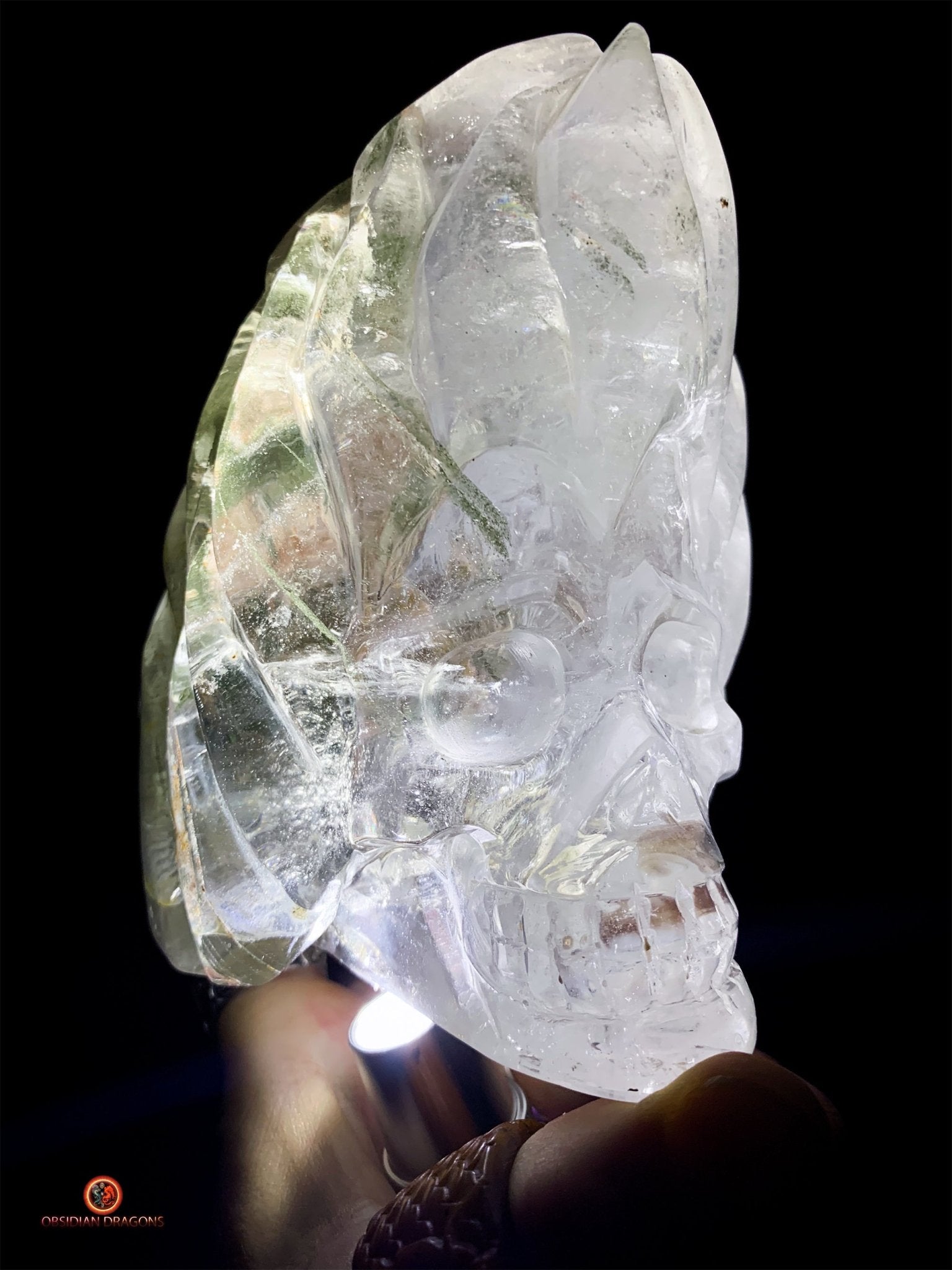 Crâne de Cristal en Quartz Jardin - Flammes Intérieures - obsidian dragons