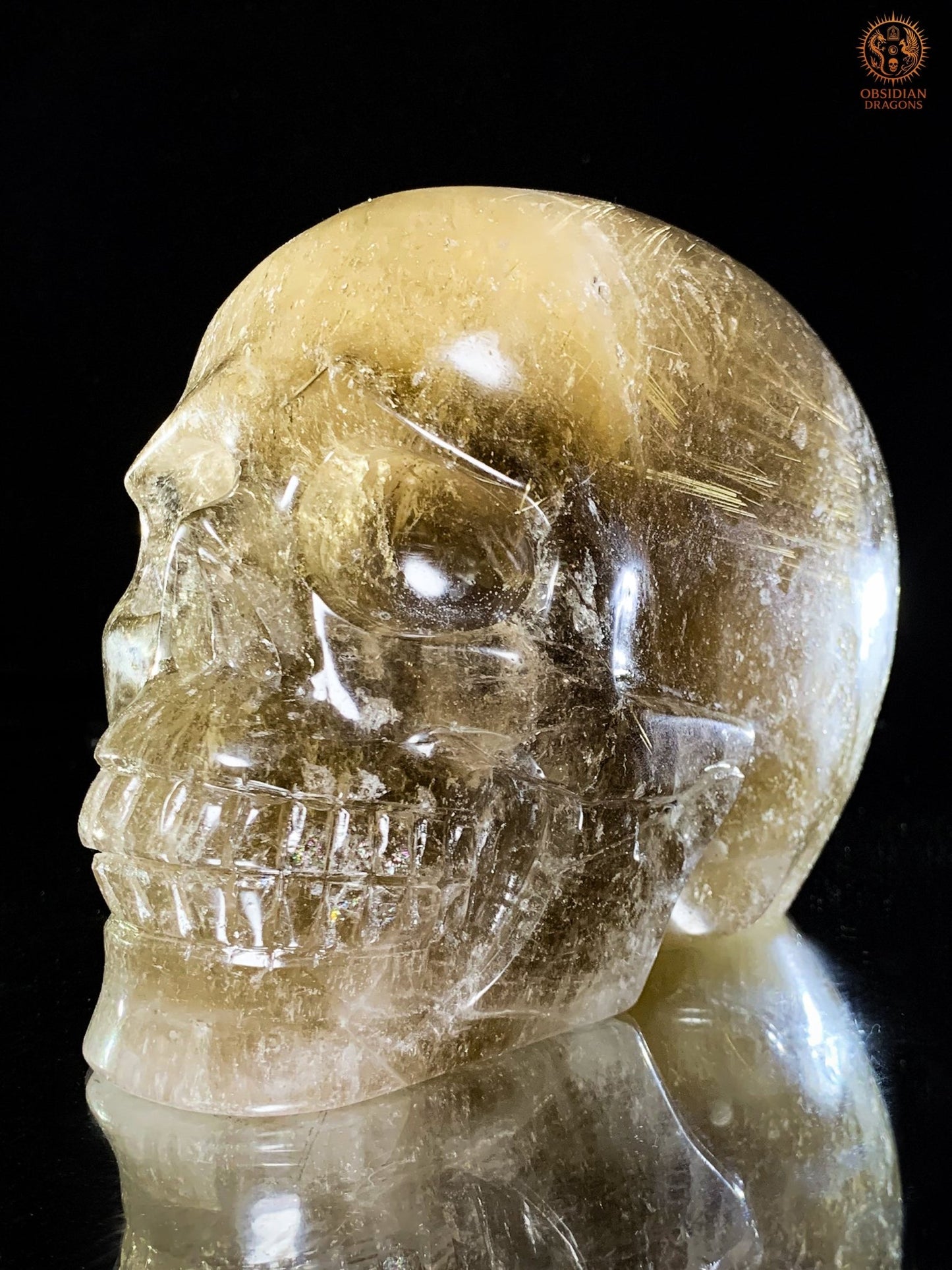 Crâne de Cristal en Quartz Rutile – Sculpture Rare de collection | obsidian dragons