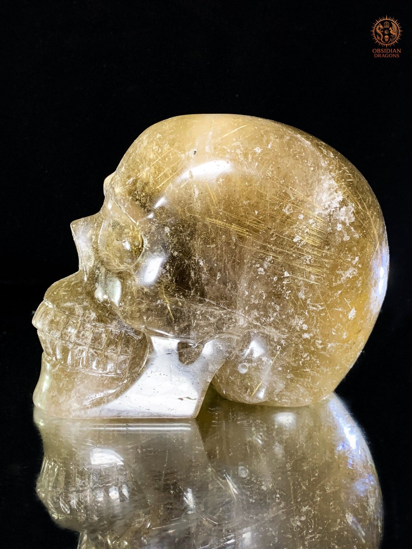 Crâne de Cristal en Quartz Rutile – Sculpture Rare de collection | obsidian dragons