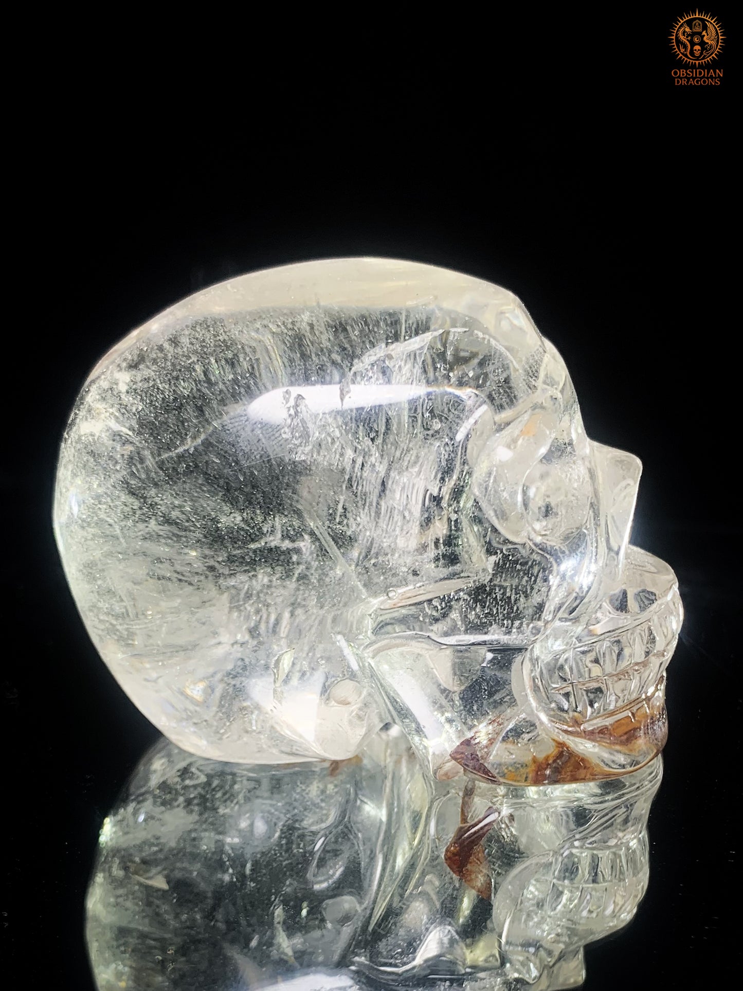 Crâne de Cristal  en cristal de roche - sang de la terre | obsidian dragons