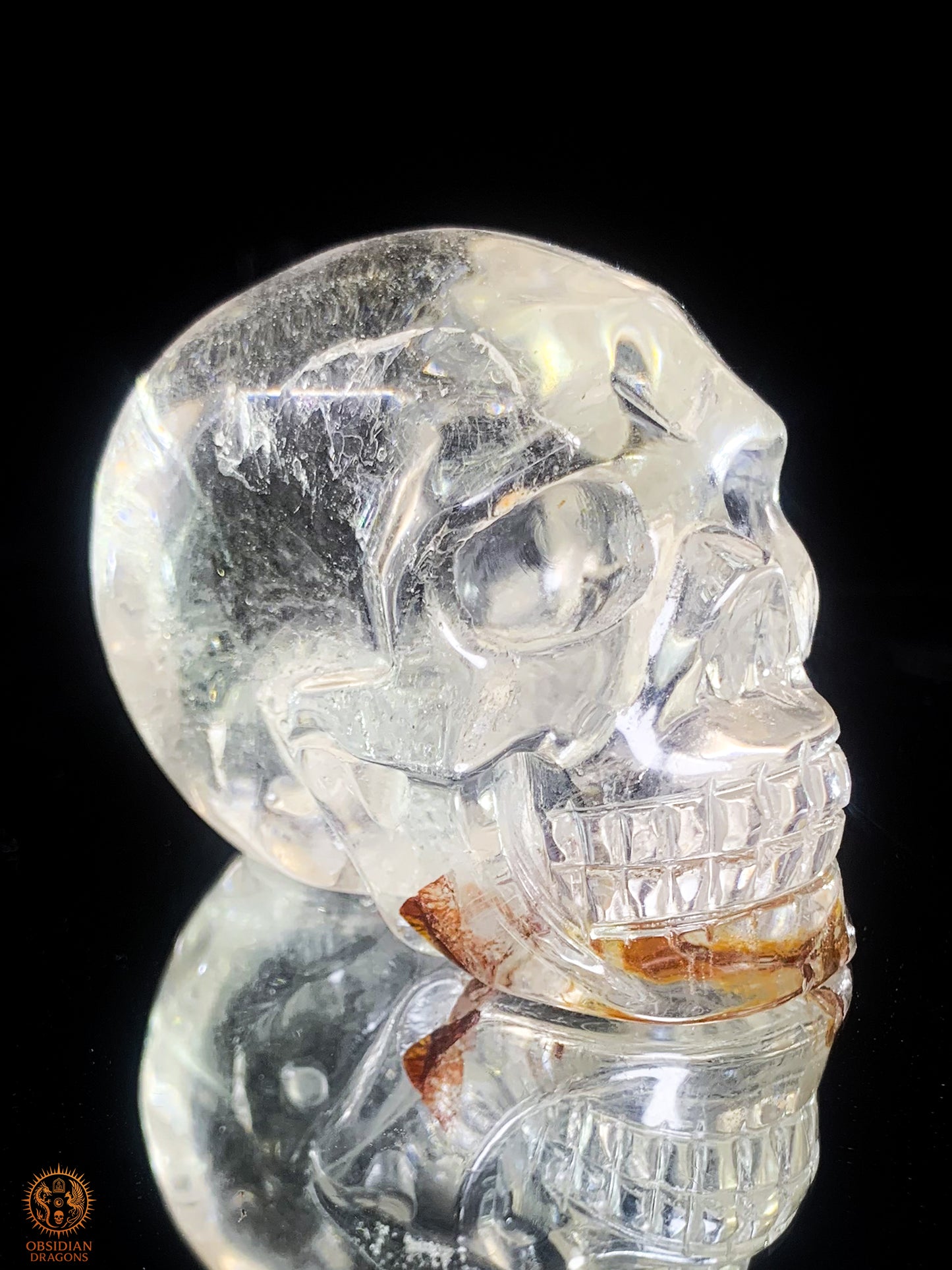 Crâne de Cristal  en cristal de roche - sang de la terre | obsidian dragons