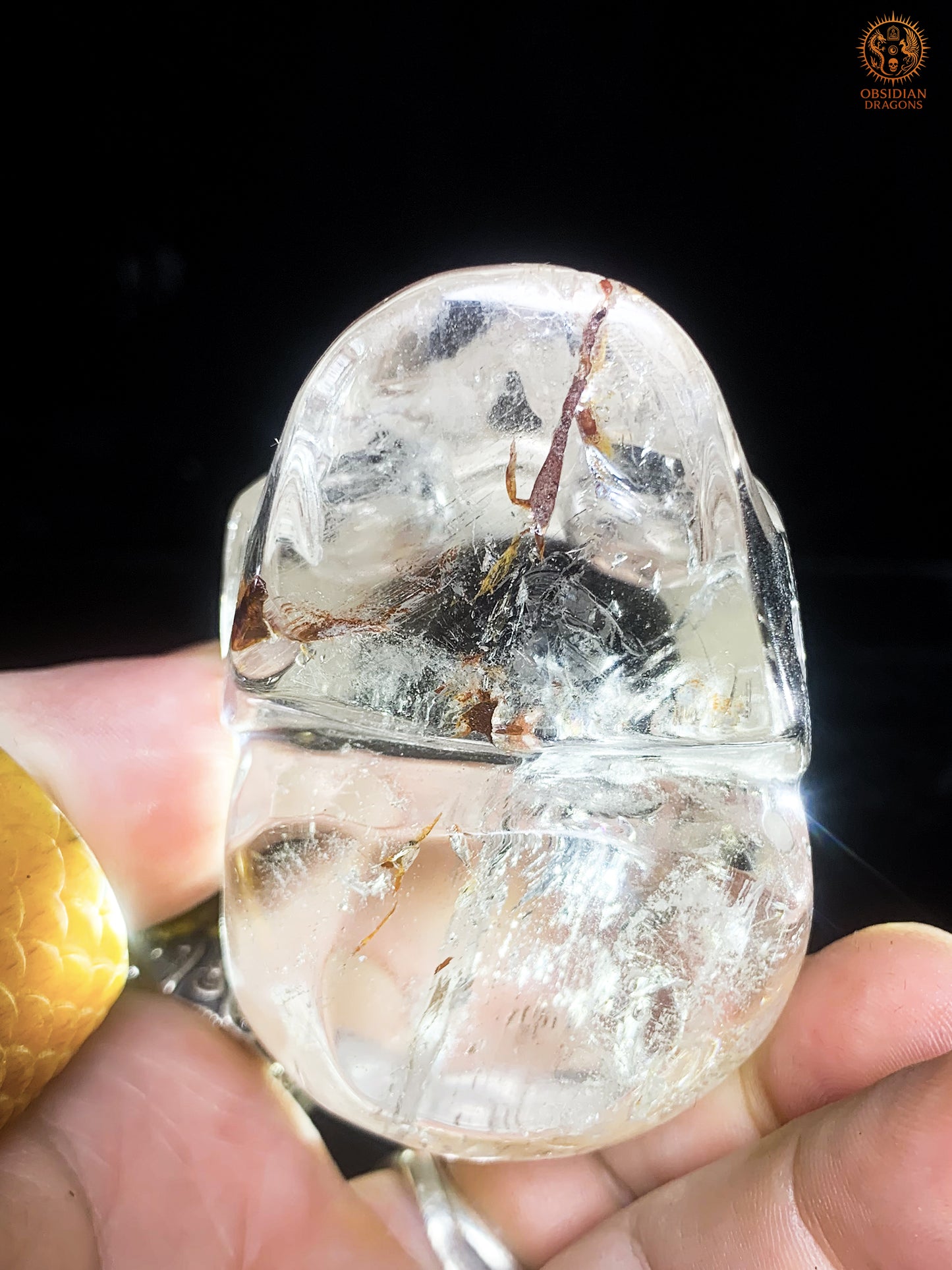 Crâne de Cristal  en cristal de roche - sang de la terre | obsidian dragons
