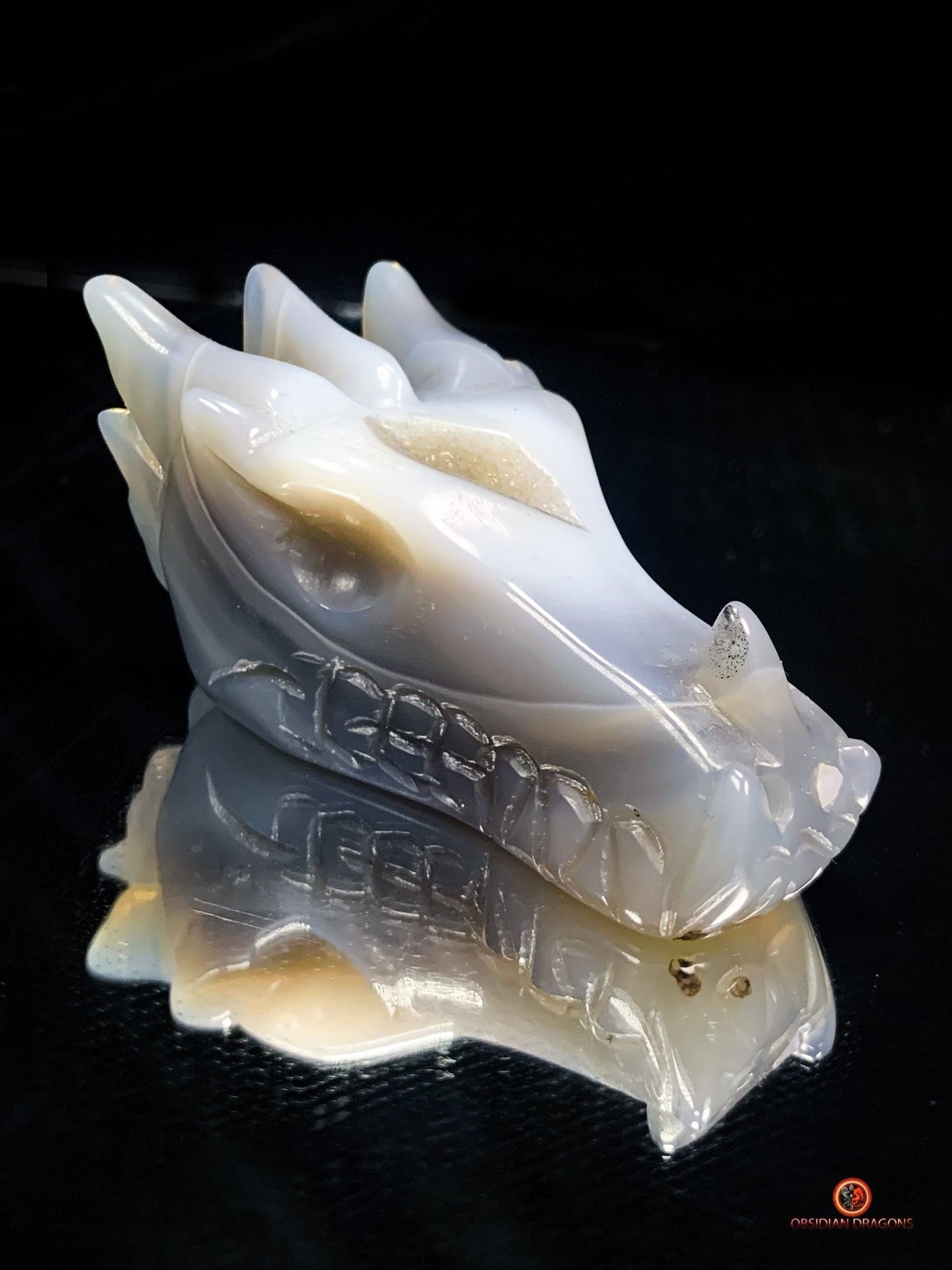 Crâne de Dragon dans géode de quartz – Lumière et Guérison | obsidian dragons