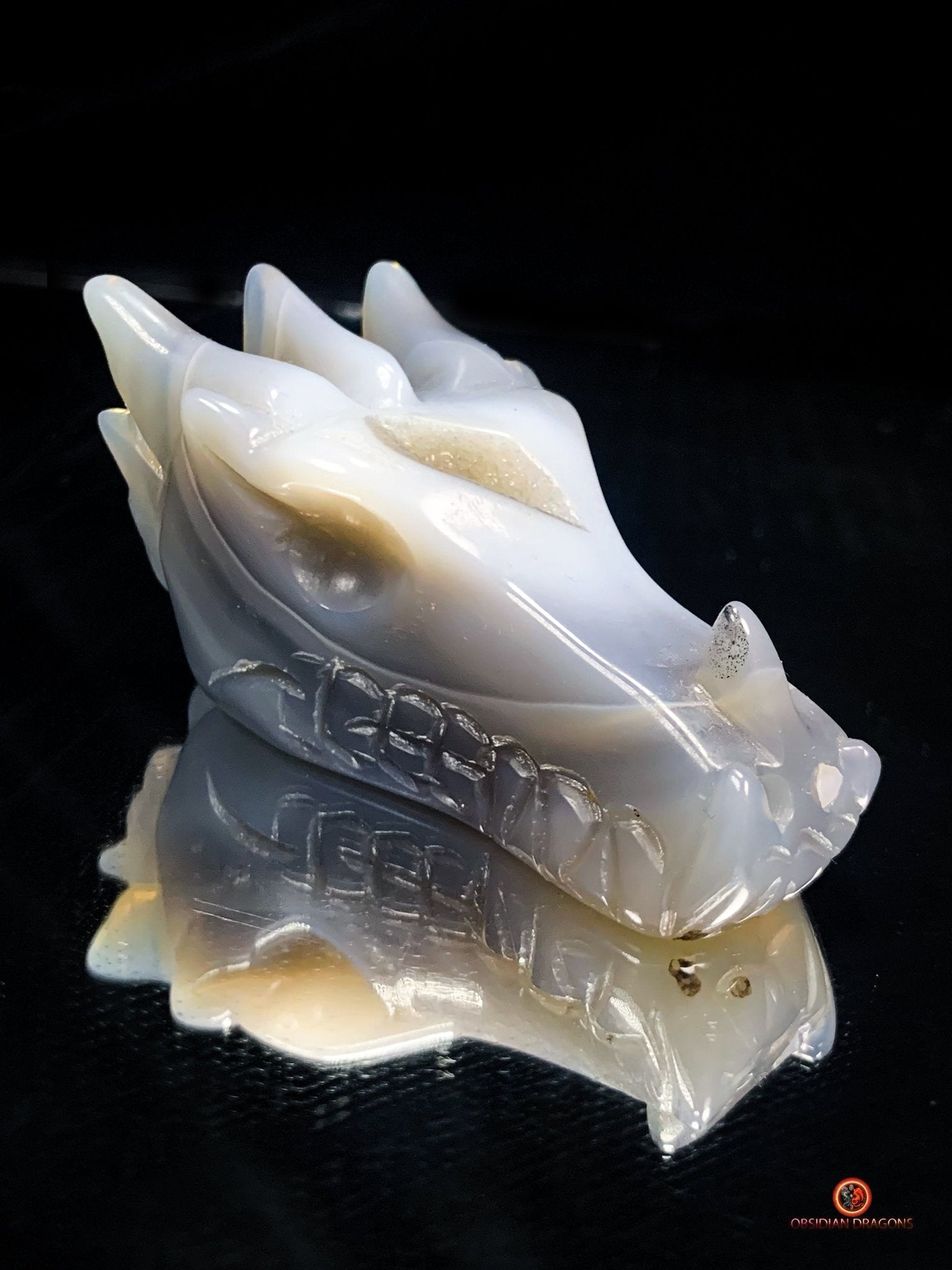 Crâne de Dragon dans géode de quartz – Lumière et Guérison | obsidian dragons