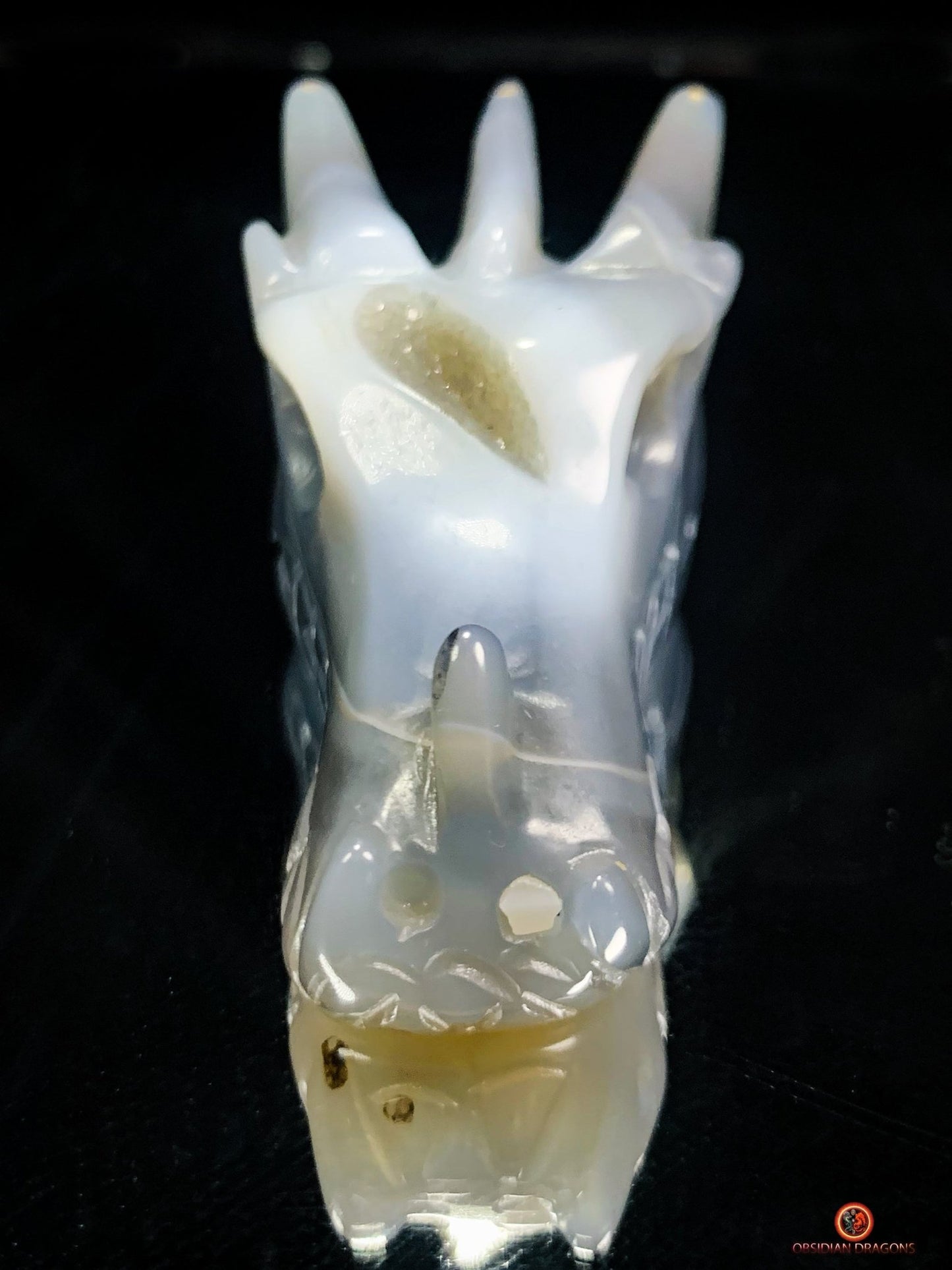 Crâne de Dragon dans géode de quartz – Lumière et Guérison | obsidian dragons