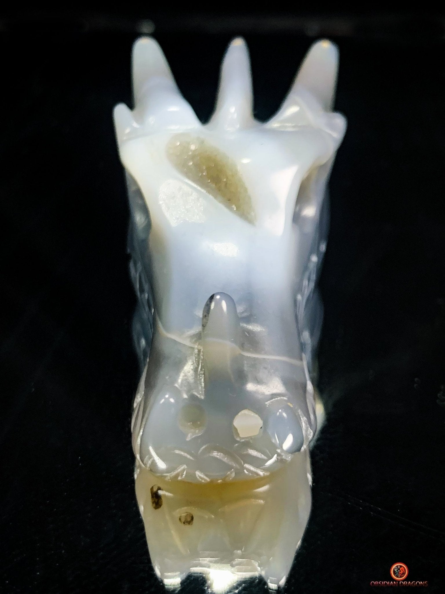 Crâne de Dragon dans géode de quartz – Lumière et Guérison | obsidian dragons