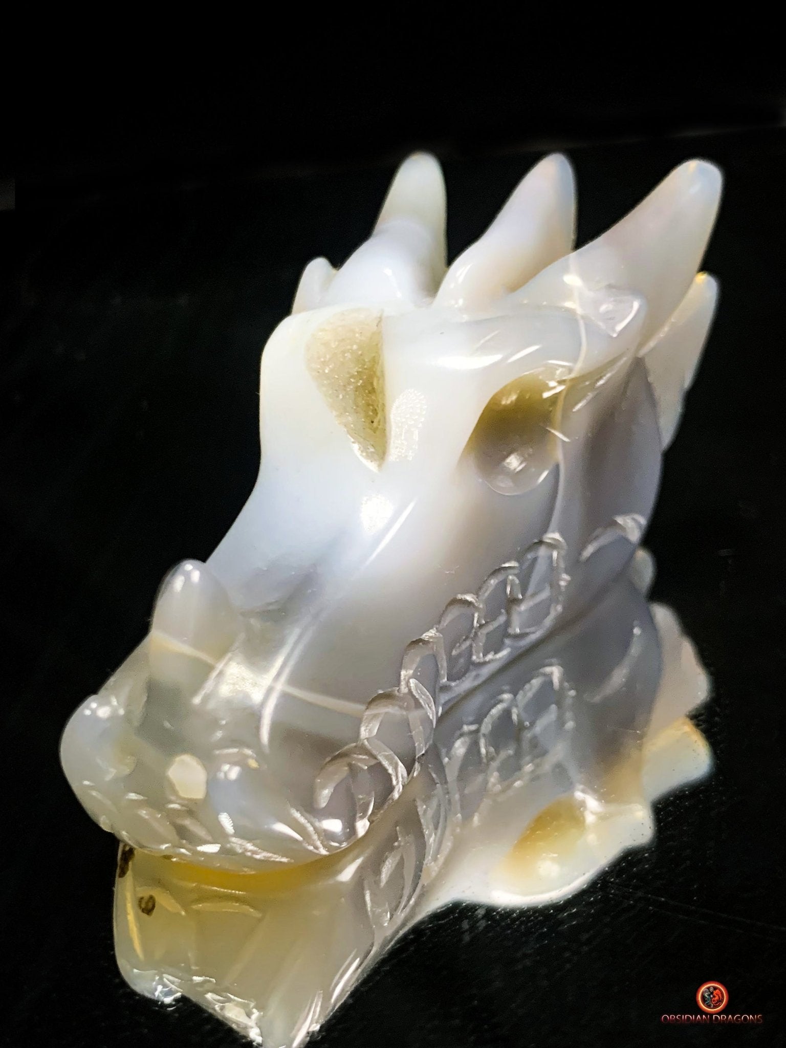 Crâne de Dragon dans géode de quartz – Lumière et Guérison | obsidian dragons
