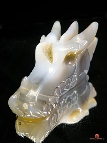 Crâne de Dragon dans géode de quartz – Lumière et Guérison | obsidian dragons