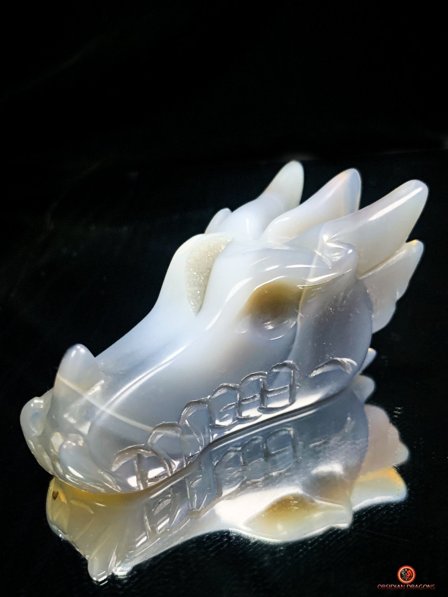Crâne de Dragon dans géode de quartz – Lumière et Guérison | obsidian dragons