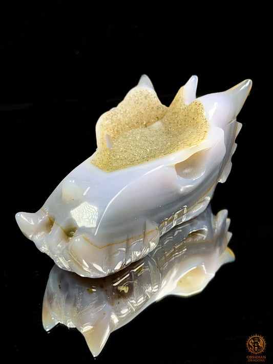 Crâne de Dragon en Agate – Géode de Quartz – Esprit des Brumes | obsidian dragons