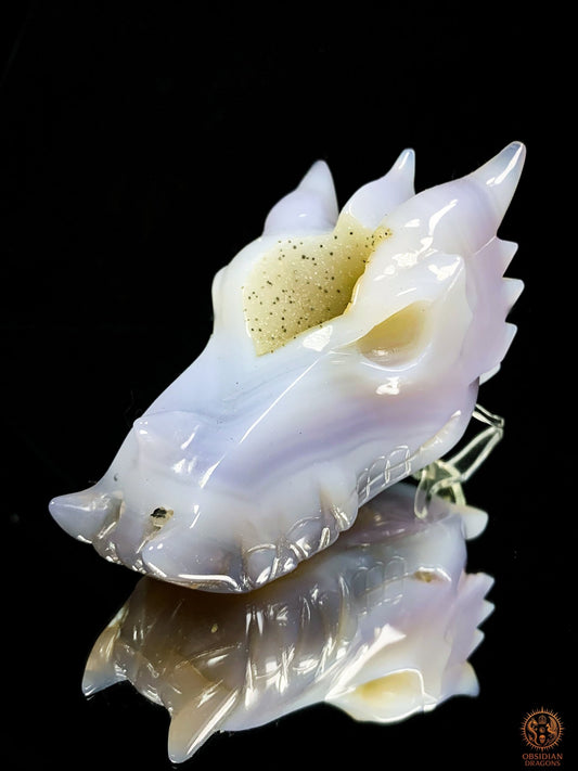 Crâne de Dragon en Agate – Géode de Quartz – Gardien des Brumes | obsidian dragons