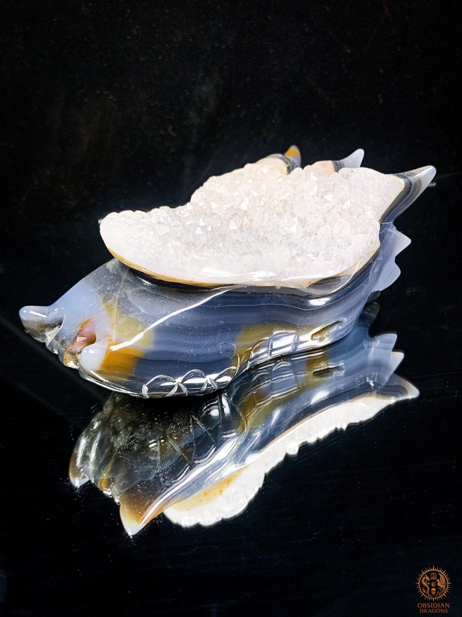 Crâne de Dragon en Agate – Géode de Quartz – L’Appel des Brumes | obsidian dragons