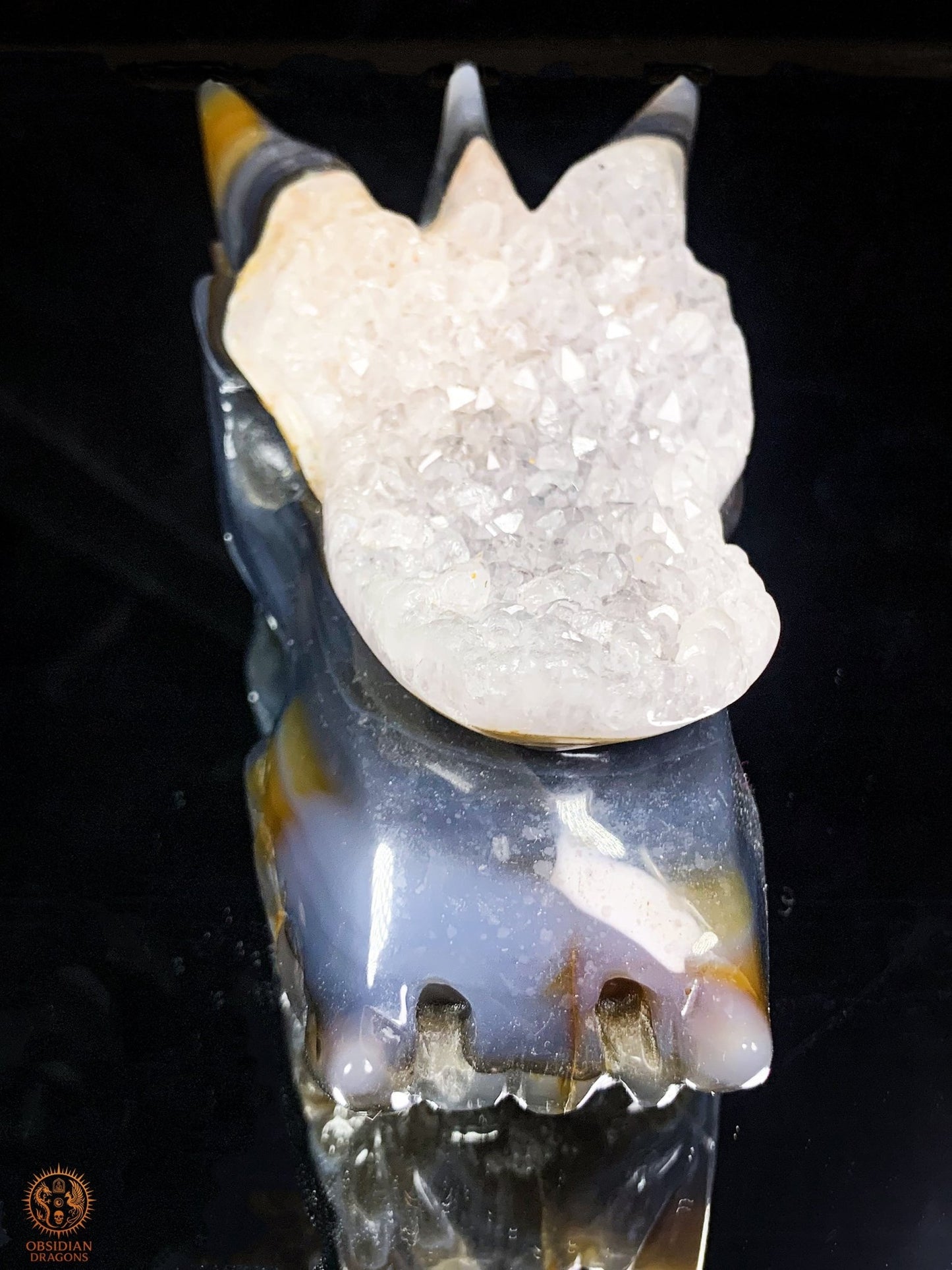 Crâne de Dragon en Agate – Géode de Quartz – L’Appel des Brumes | obsidian dragons
